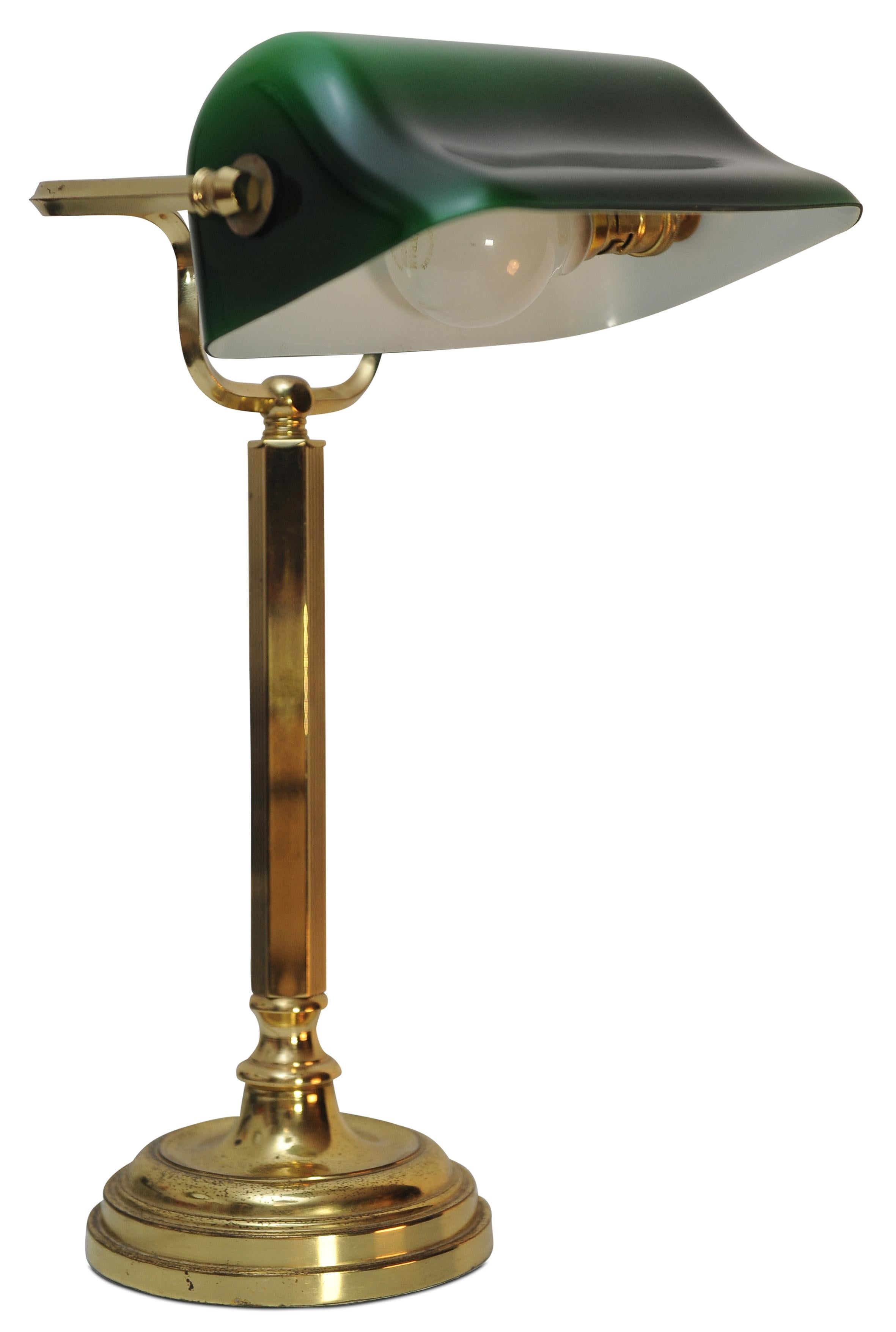 British Antique Racing Green Brass Bankers Lamp With Adjustable Green Glazed Shade  For Sale
