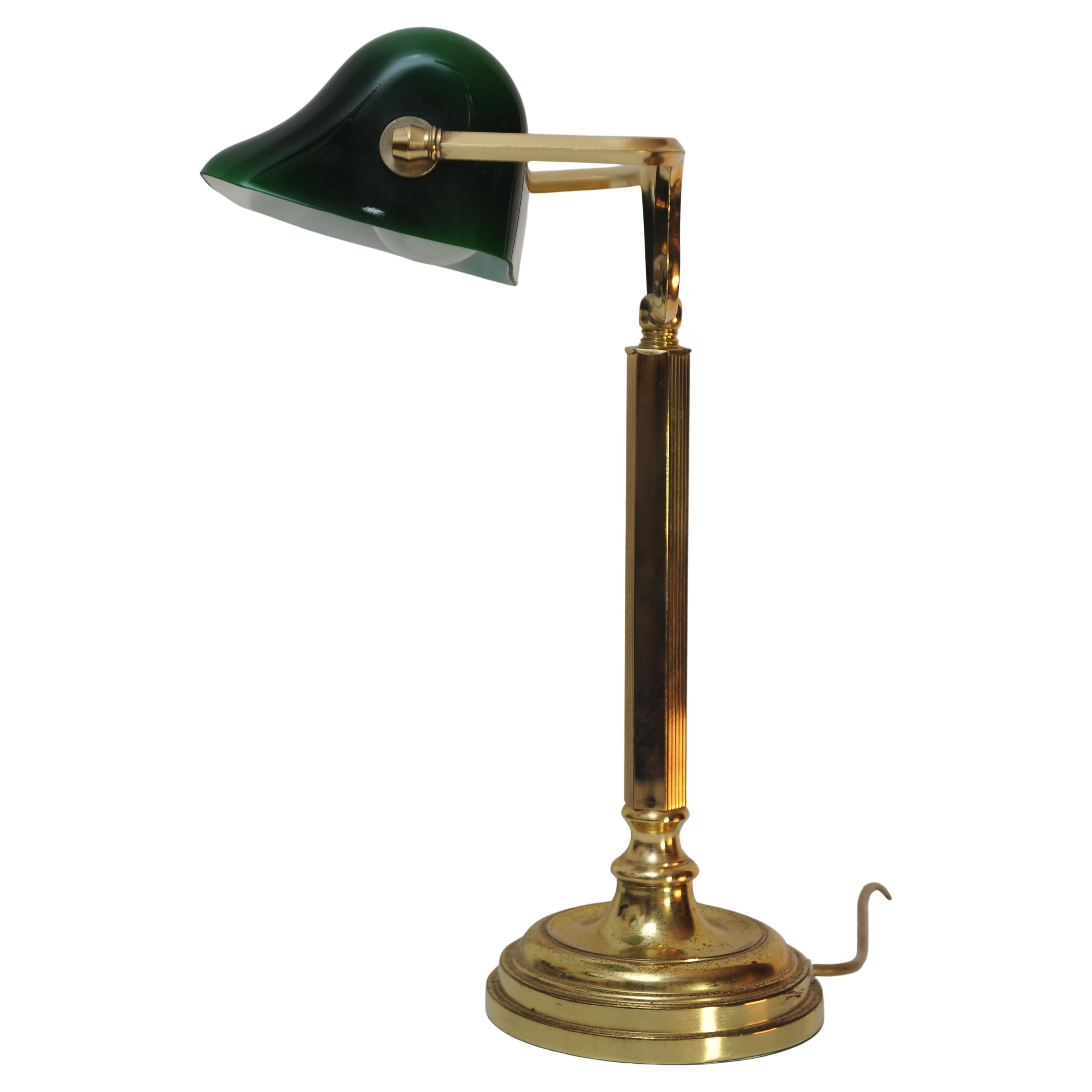 Mid-20th Century Antique Racing Green Brass Bankers Lamp With Adjustable Green Glazed Shade For Sale