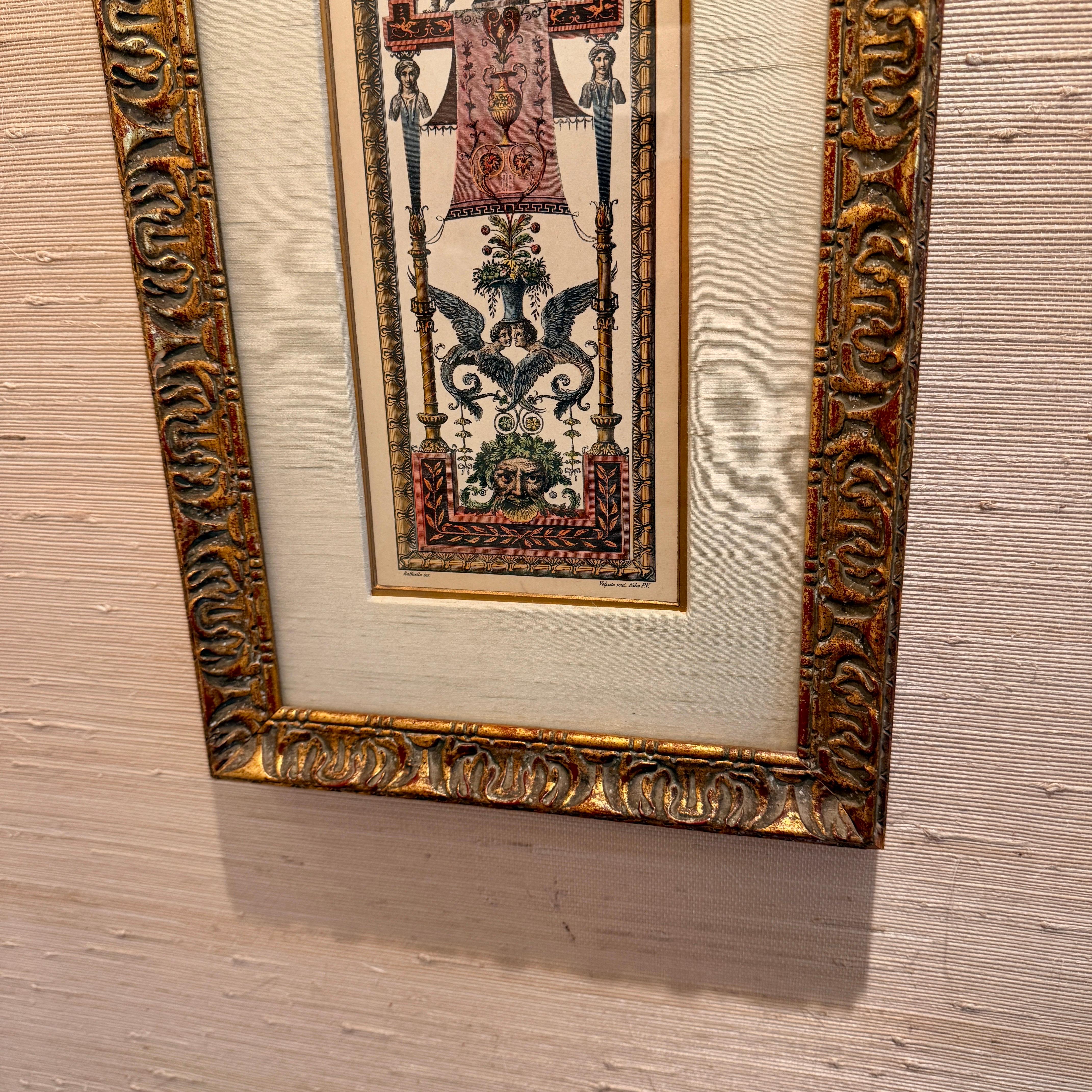 Hand-Crafted Antique Raffaello Hand Colored Lithograph Etching in Gilt Frame For Sale