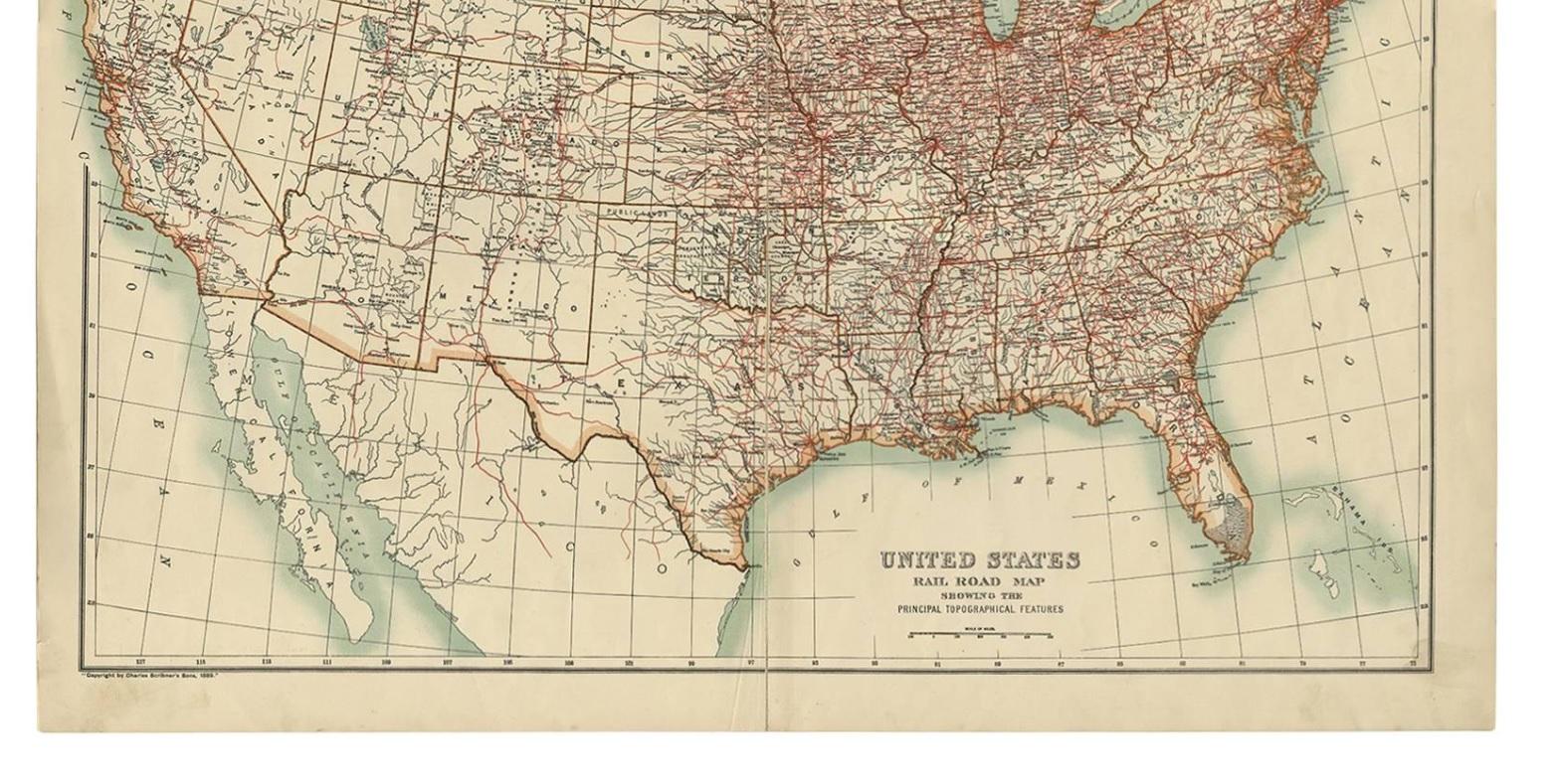 Antique map titled 'United States Rail Road Map showing the principal topographic features'. Beautiful lithographed map with an amazing number of railroad lines (shown in red).