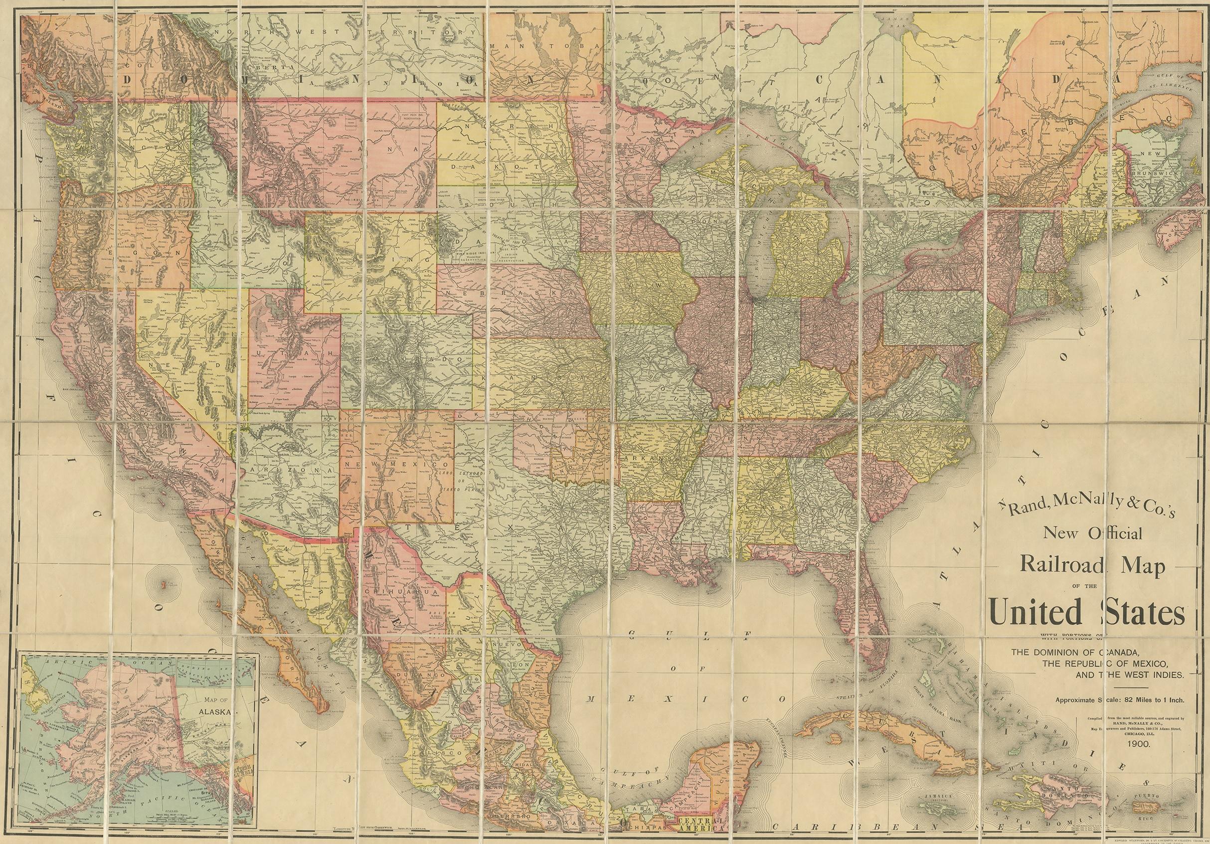 Antique map titled 'Rand, McNally & Co's New Official Railroad map of the United States with portions of The Dominion of Canada, The Republic of Mexico and the West Indies'. Large railroad map of the United States, sectionalised and laid on linen.