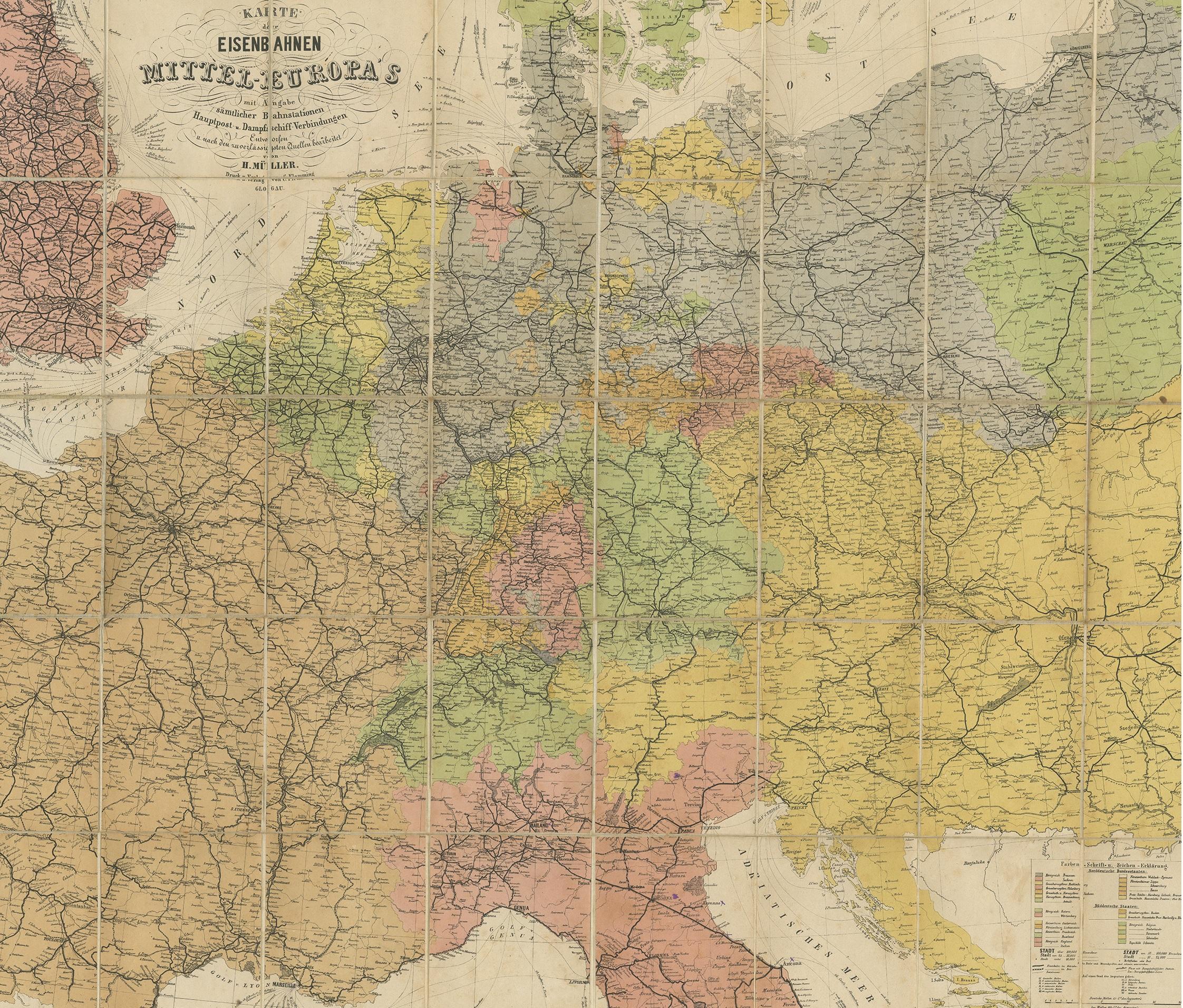 Antique map titled 'Karte der Eisenbahnen Mittel-Europa's (..)'. Railway folding map of Central Europe. Published by Carl Flemming, 1870.