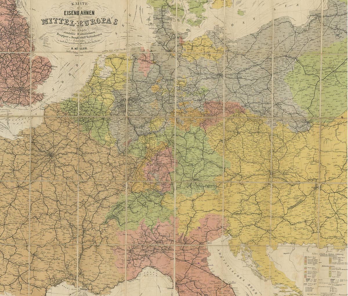 Antique Railway Folding Map of Central Europe by Müller, 1870