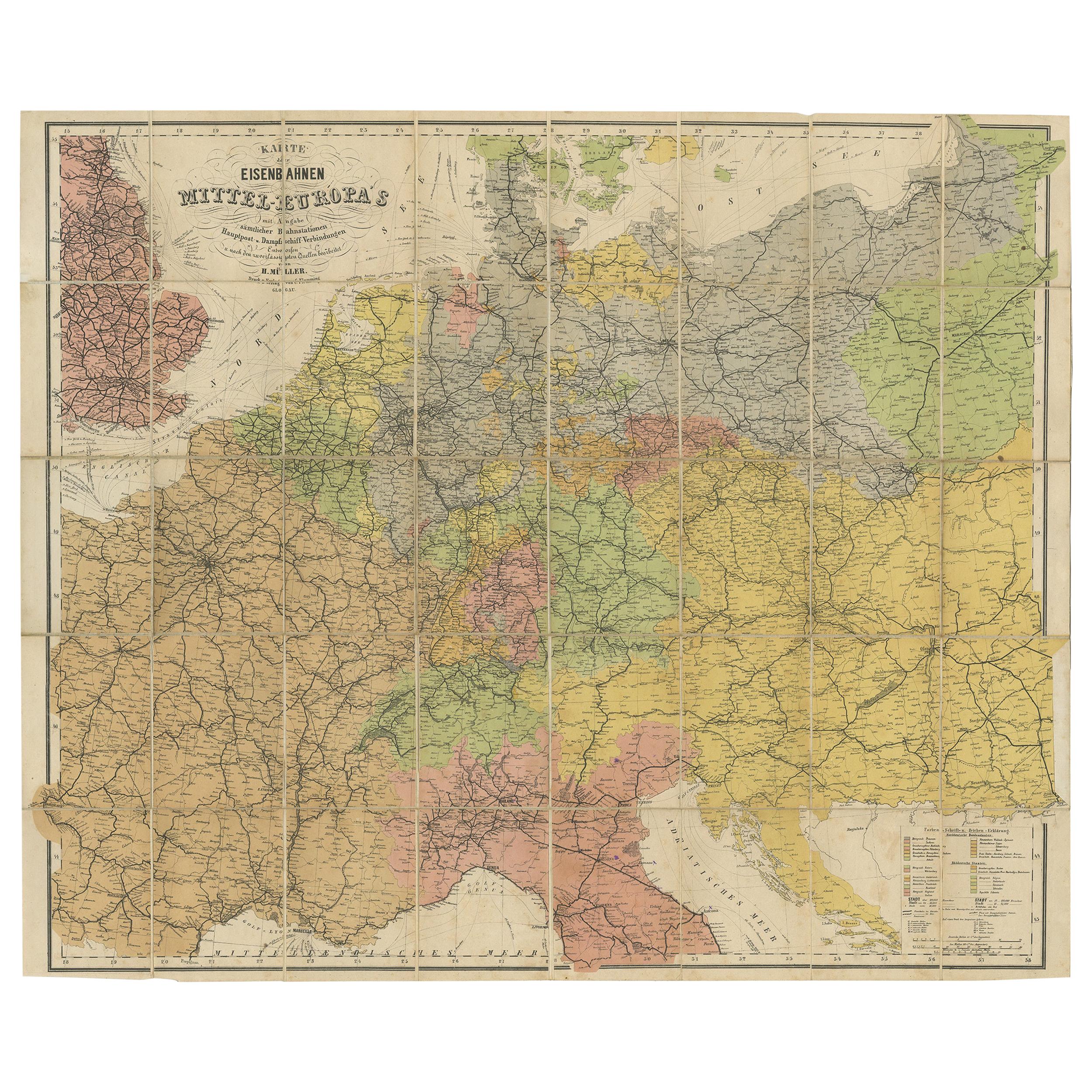 Antique Railway Folding Map of Central Europe by Müller, 1870 For Sale