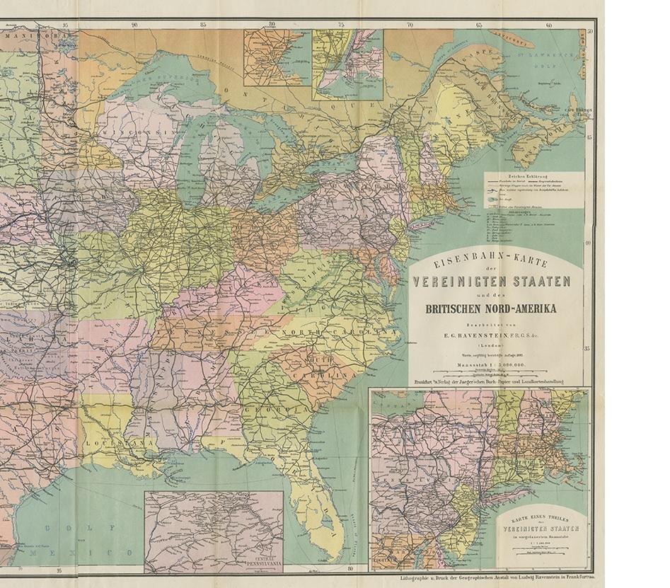 19th Century Antique Railway Map of North America, Canada and Mexico by Ravenstein, '1882'