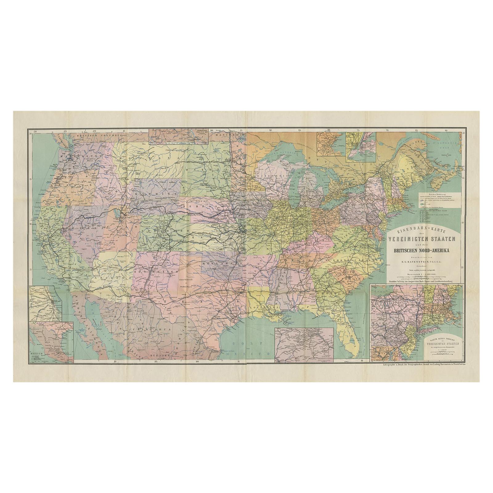 Antique Railway Map of North America, Canada and Mexico by Ravenstein, '1882'