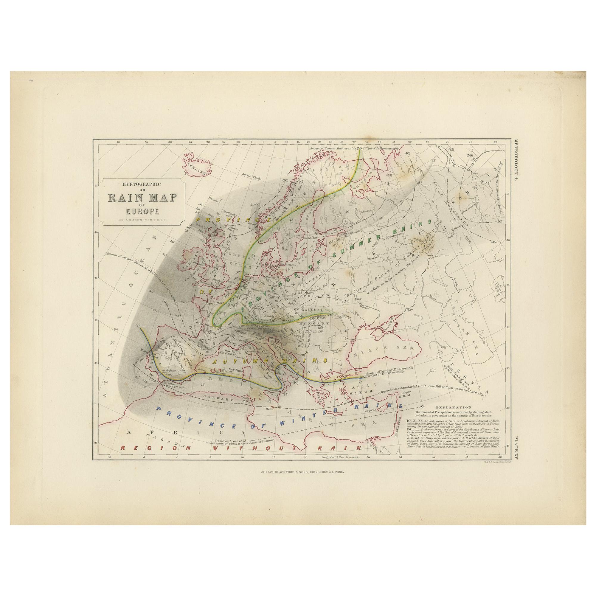 Antique Rain Map of Europe by Johnston '1850'