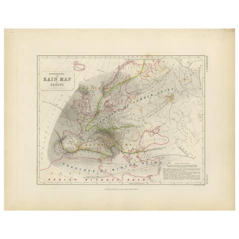 Antique Rain Map of Europe by Johnston '1850'