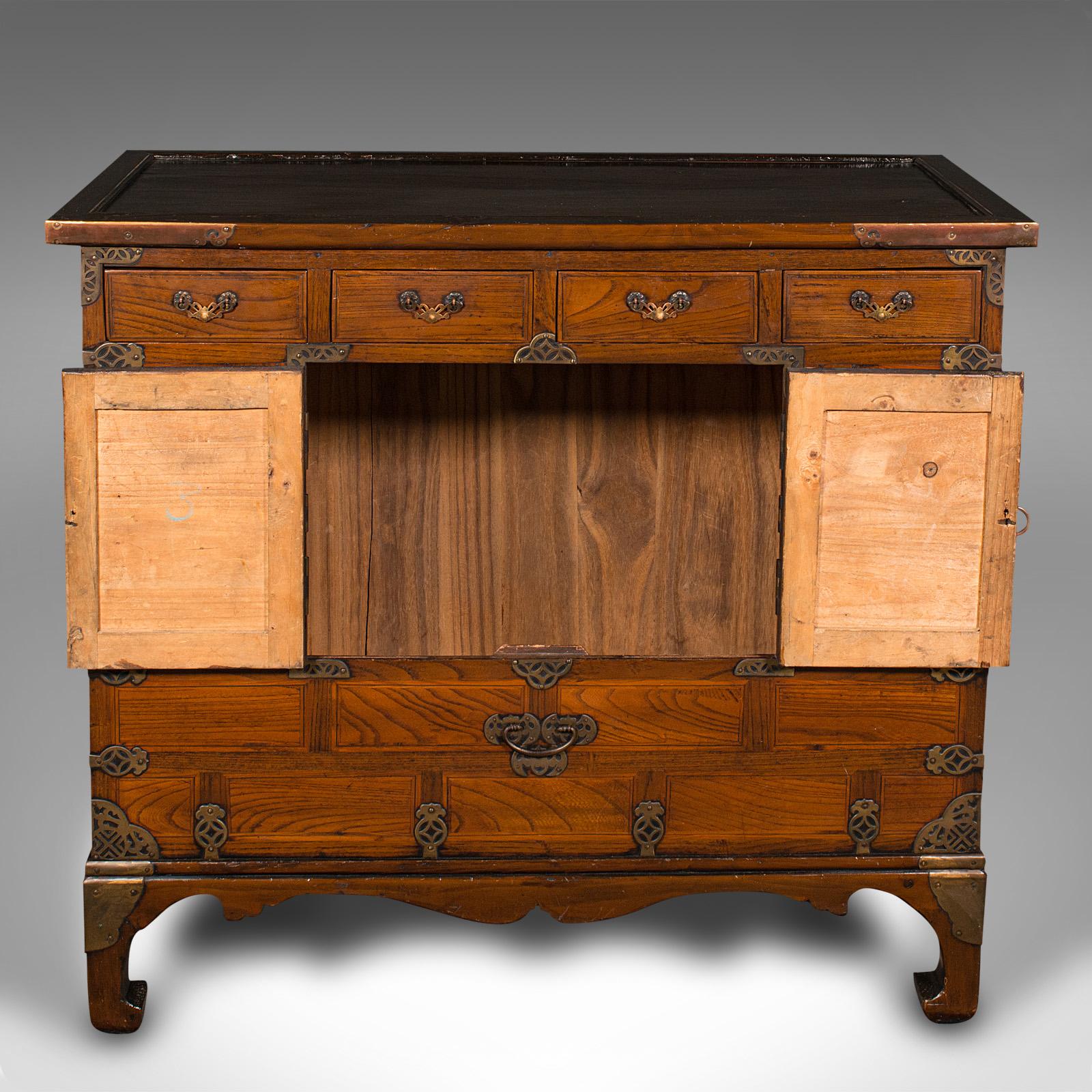 Chinoiserie Antique Raised Chest, Korean, Elm, Pear, Side Cabinet, Brass, Victorian, C.1880 For Sale