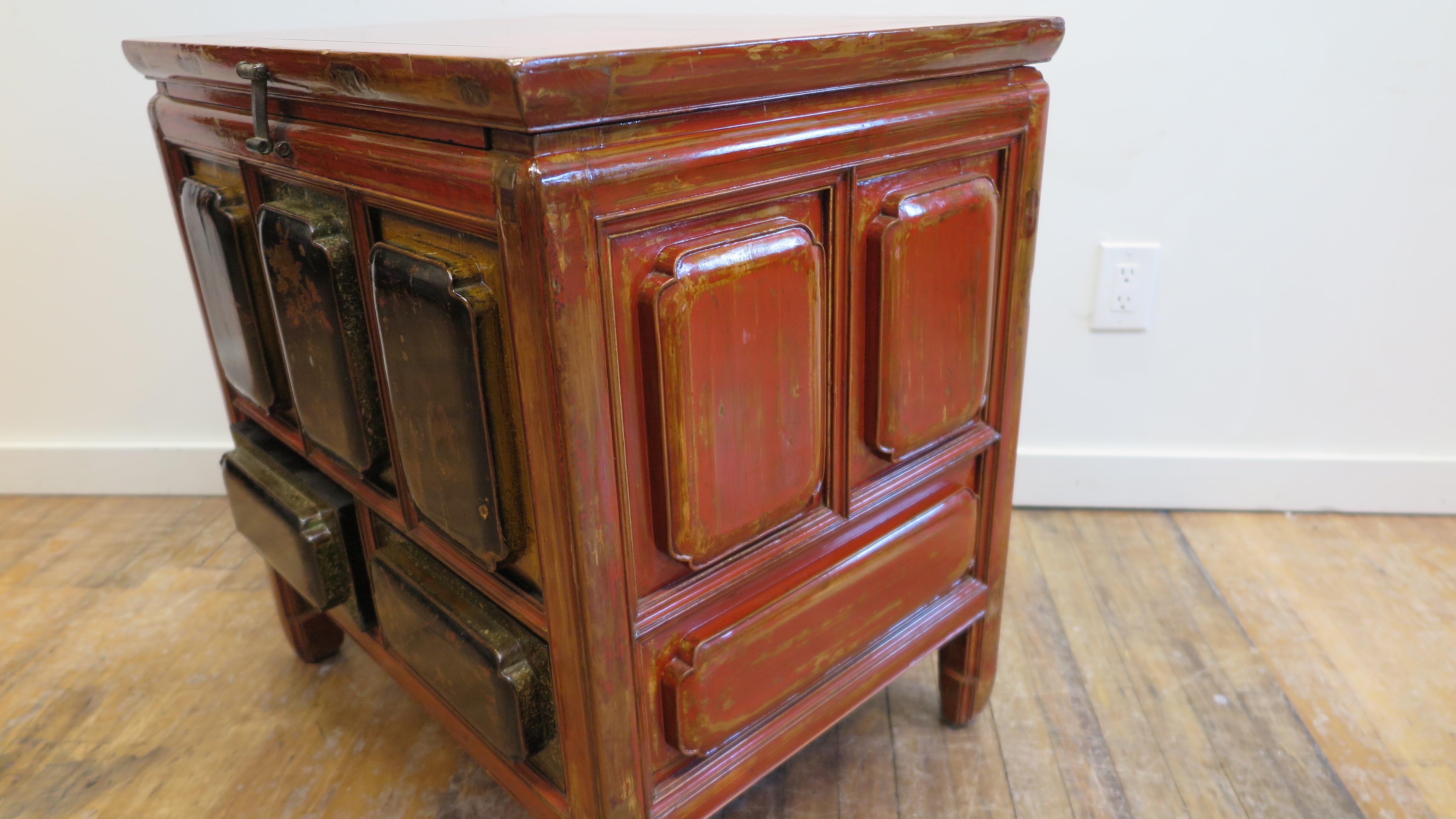 Lacquered Antique Raised Panel Chest with Drawers For Sale