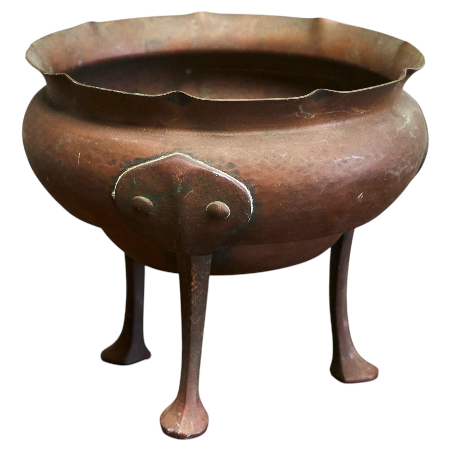 Antique Raised Three Legged Bowl in Hand Hammered Copper For Sale