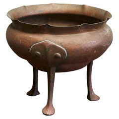 Antique Raised Three Legged Bowl in Hand Hammered Copper
