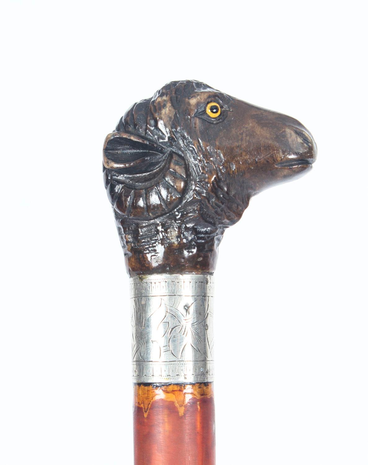 Late 19th Century Antique Ram's Head Walking Cane Stick Sterling Silver Collar, 19th Century