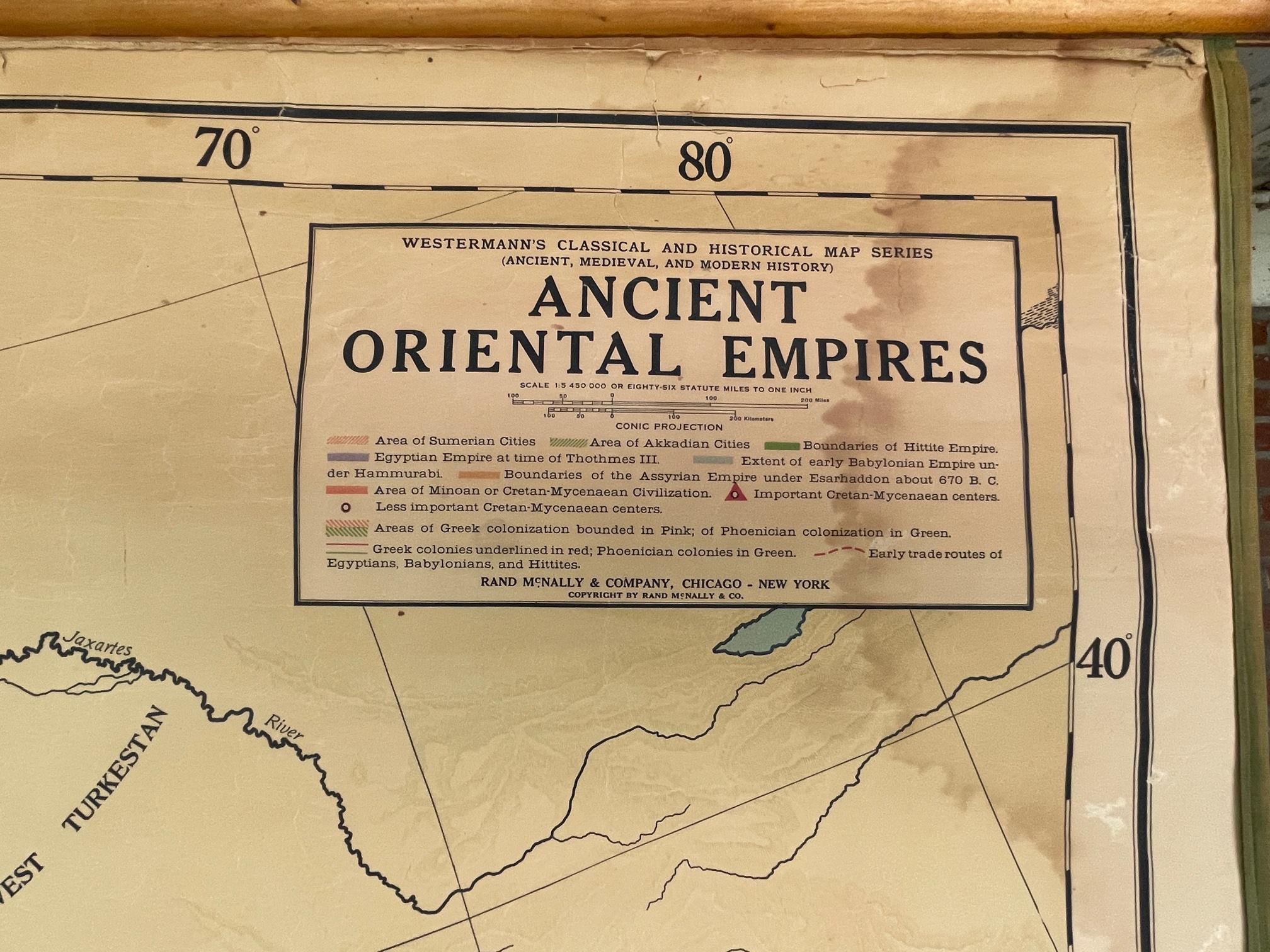 This is a real unique map made by the famous Rand McNally Company. This rare schoolmap is probably made in the late 1920's. The map of all the Ancient Oriental Empires shows the world as it was ruled during the time of the Greek and Romans etc. The