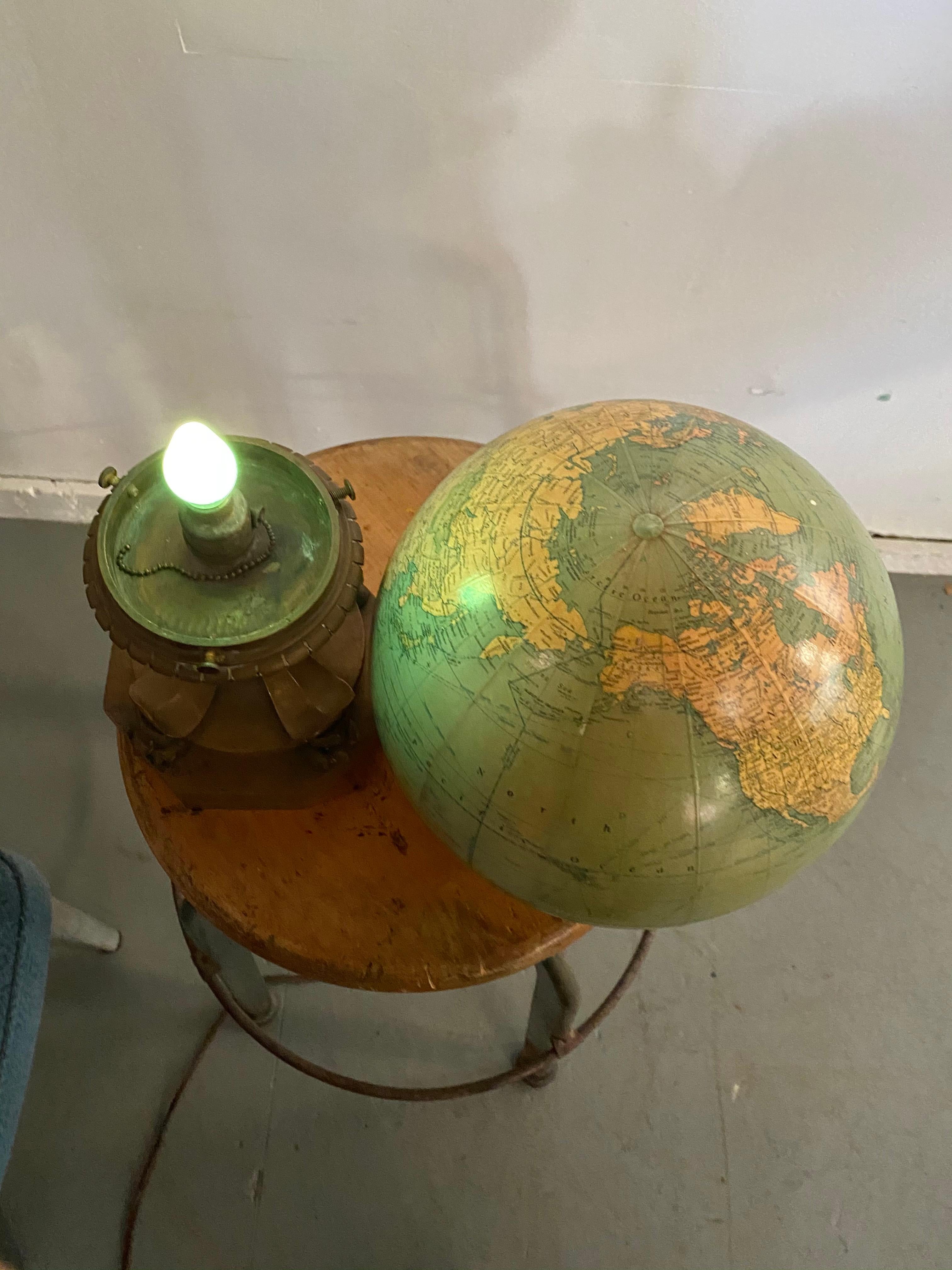 Neoclassical Revival Antique Rand McNally Terrestrial Globe, Glass, Light Up, Unusual Bronze Base For Sale