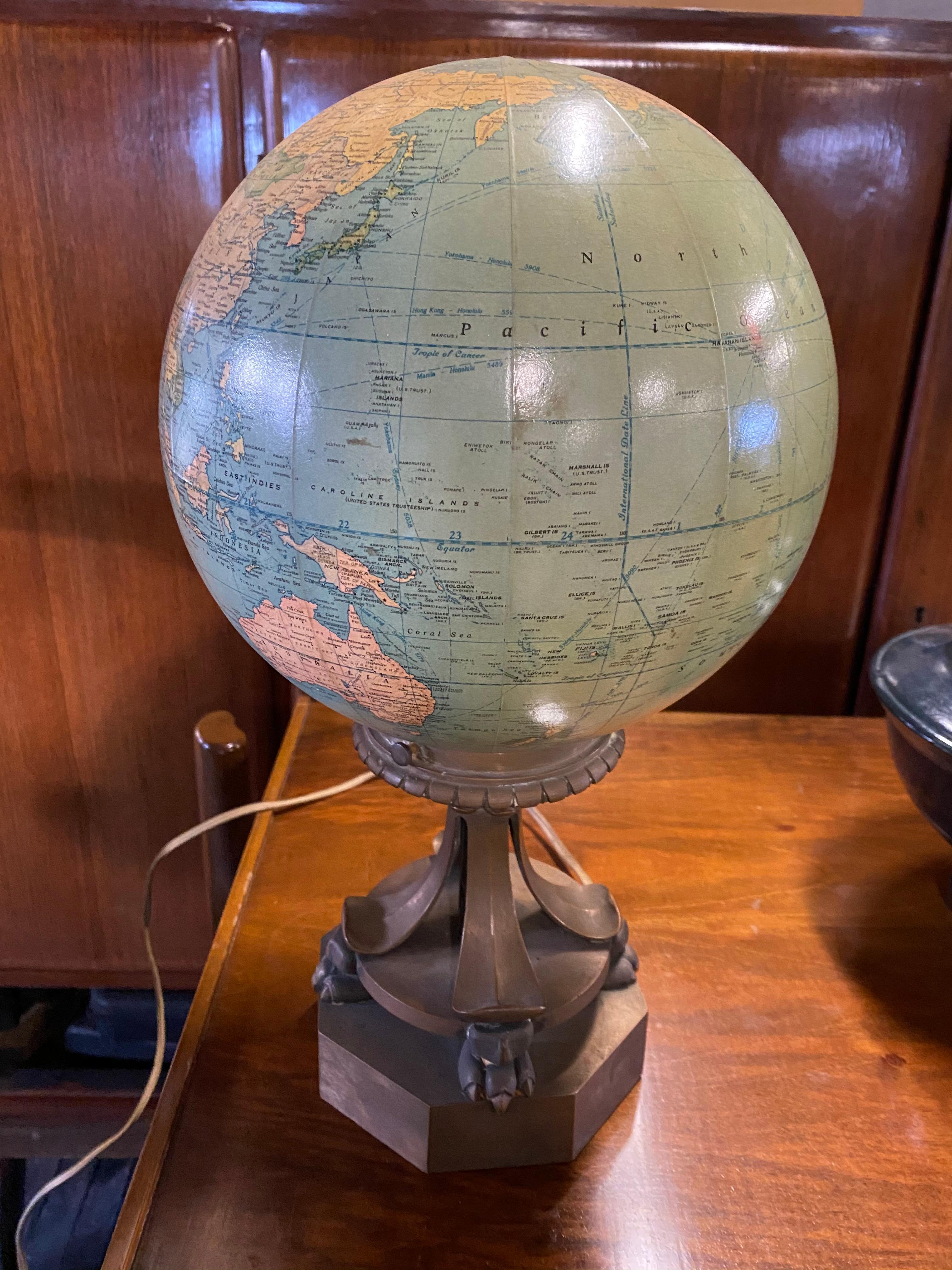 Antique Rand McNally Terrestrial Globe, Glass, Light Up, Unusual Bronze Base In Good Condition For Sale In Buffalo, NY
