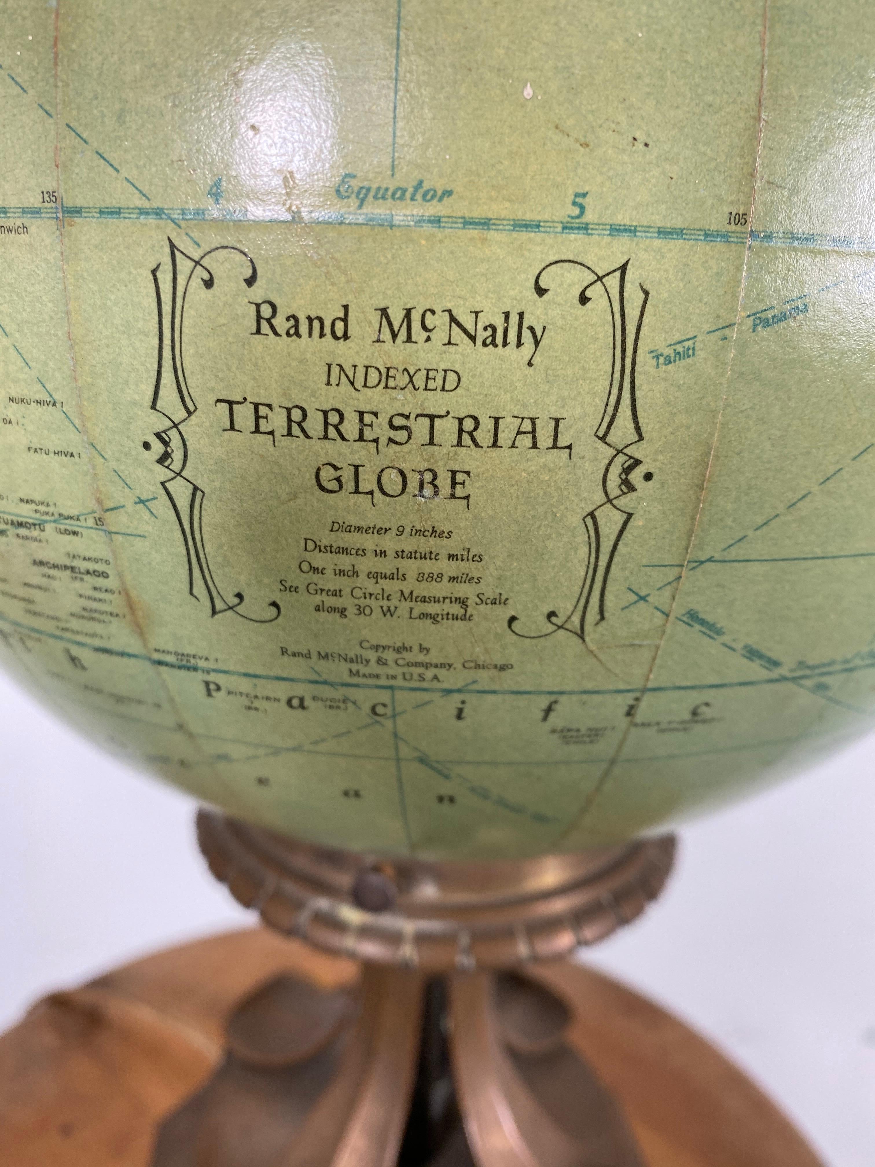 Mid-20th Century Antique Rand McNally Terrestrial Globe, Glass, Light Up, Unusual Bronze Base For Sale