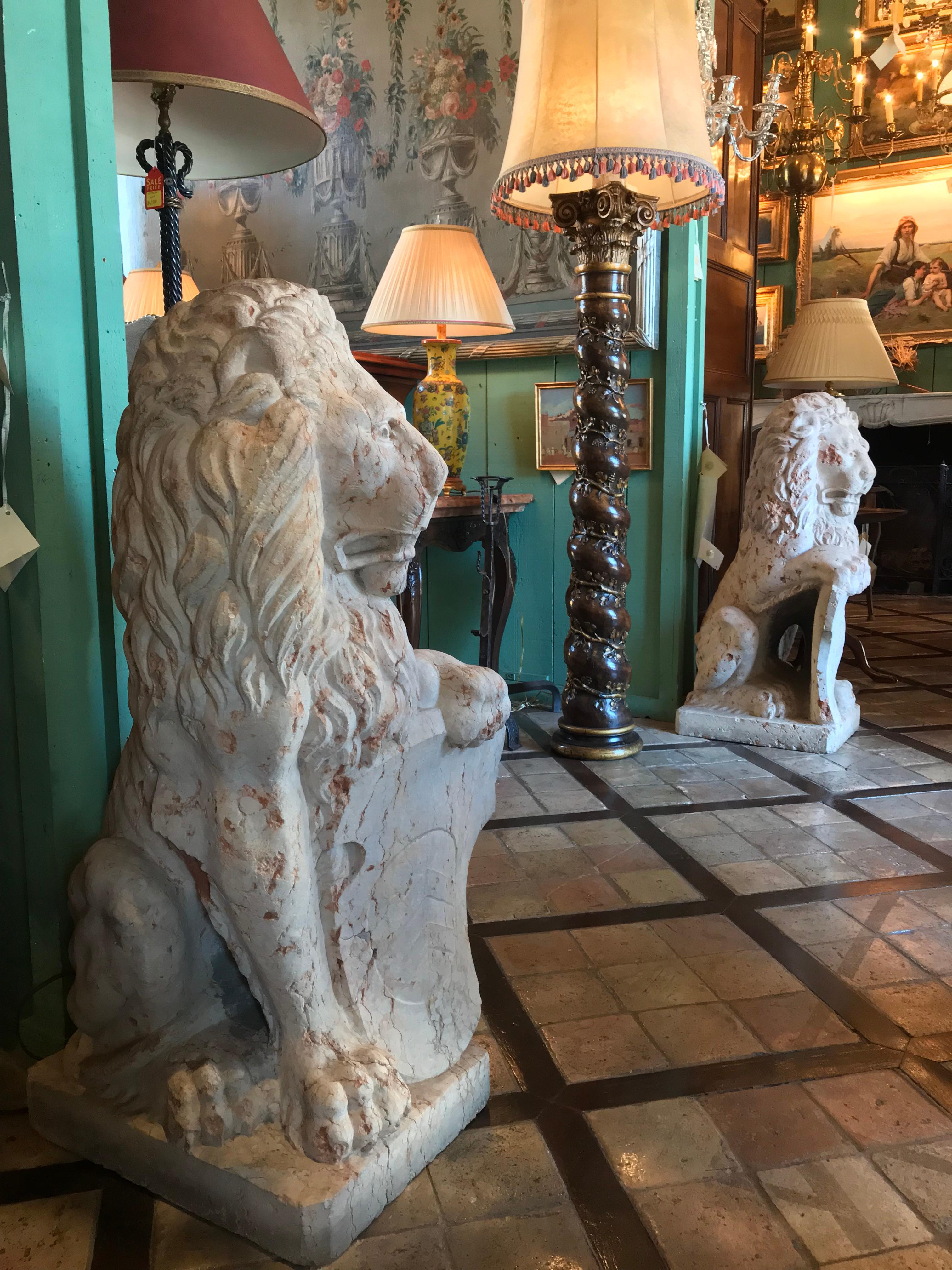 Pair 18th C. Carved Marble Terracotta Figures Lions Sculptures Garden Statues LA en vente 1