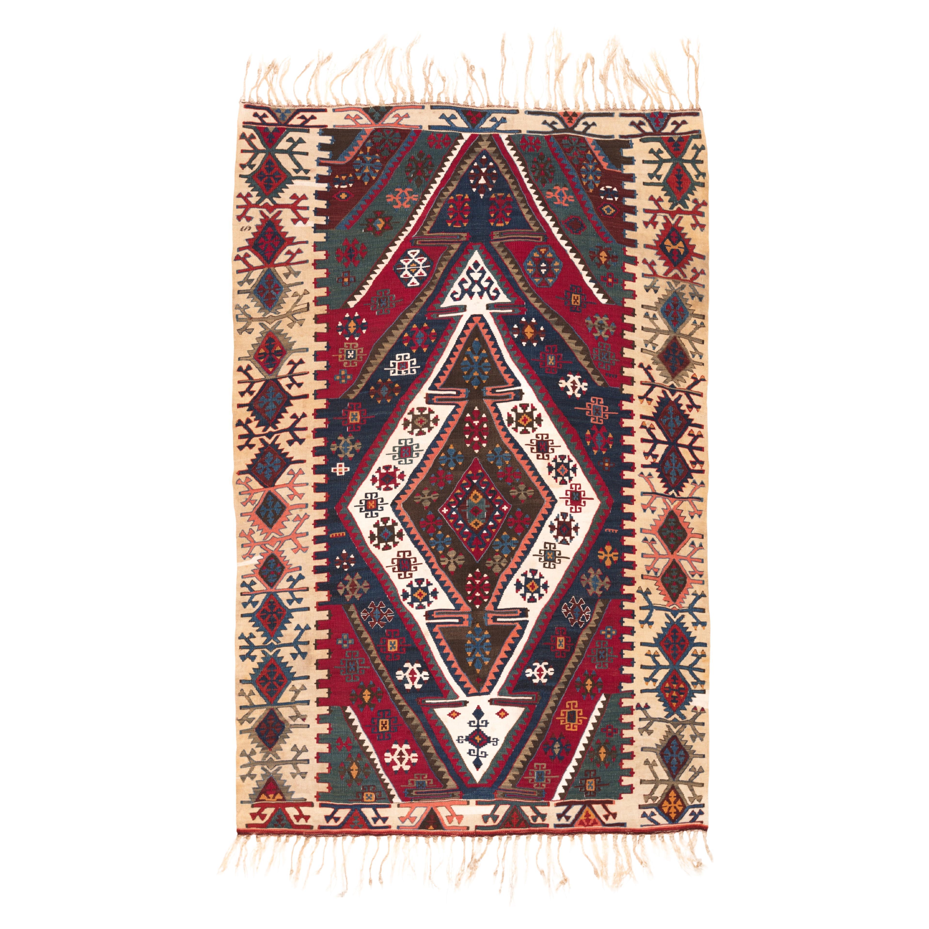 Antique Rare Aleppo Kilim Rug Anatolia Handwoven Turkish Carpet Natural Dye