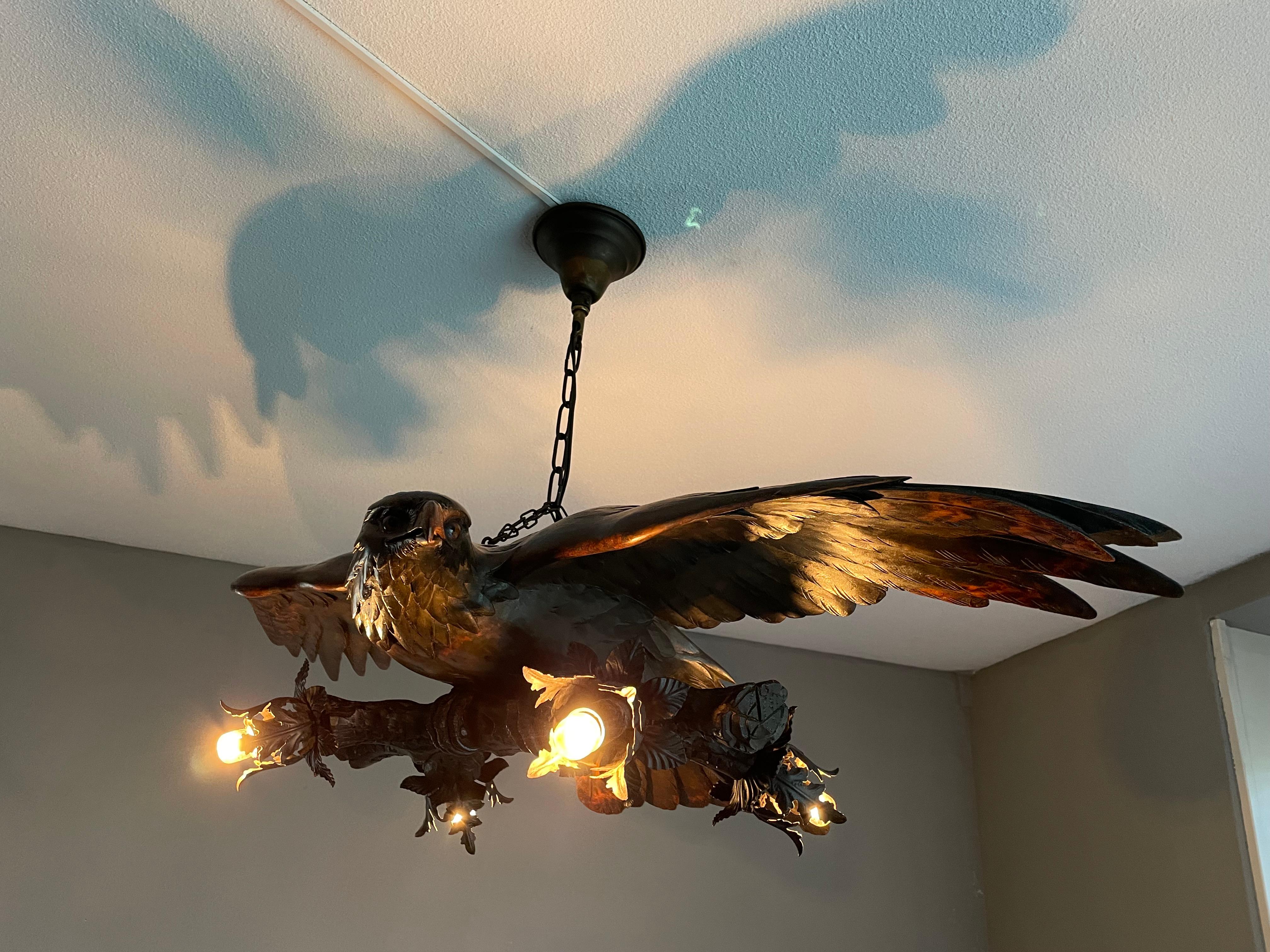 Antique, Rare and Large Hand Carved Black Forest Flying Eagle Pendant Chandelier For Sale 1