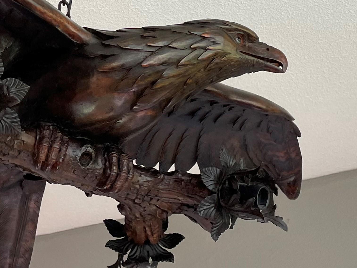 Antique, Rare and Large Hand Carved Black Forest Flying Eagle Pendant Chandelier For Sale 3