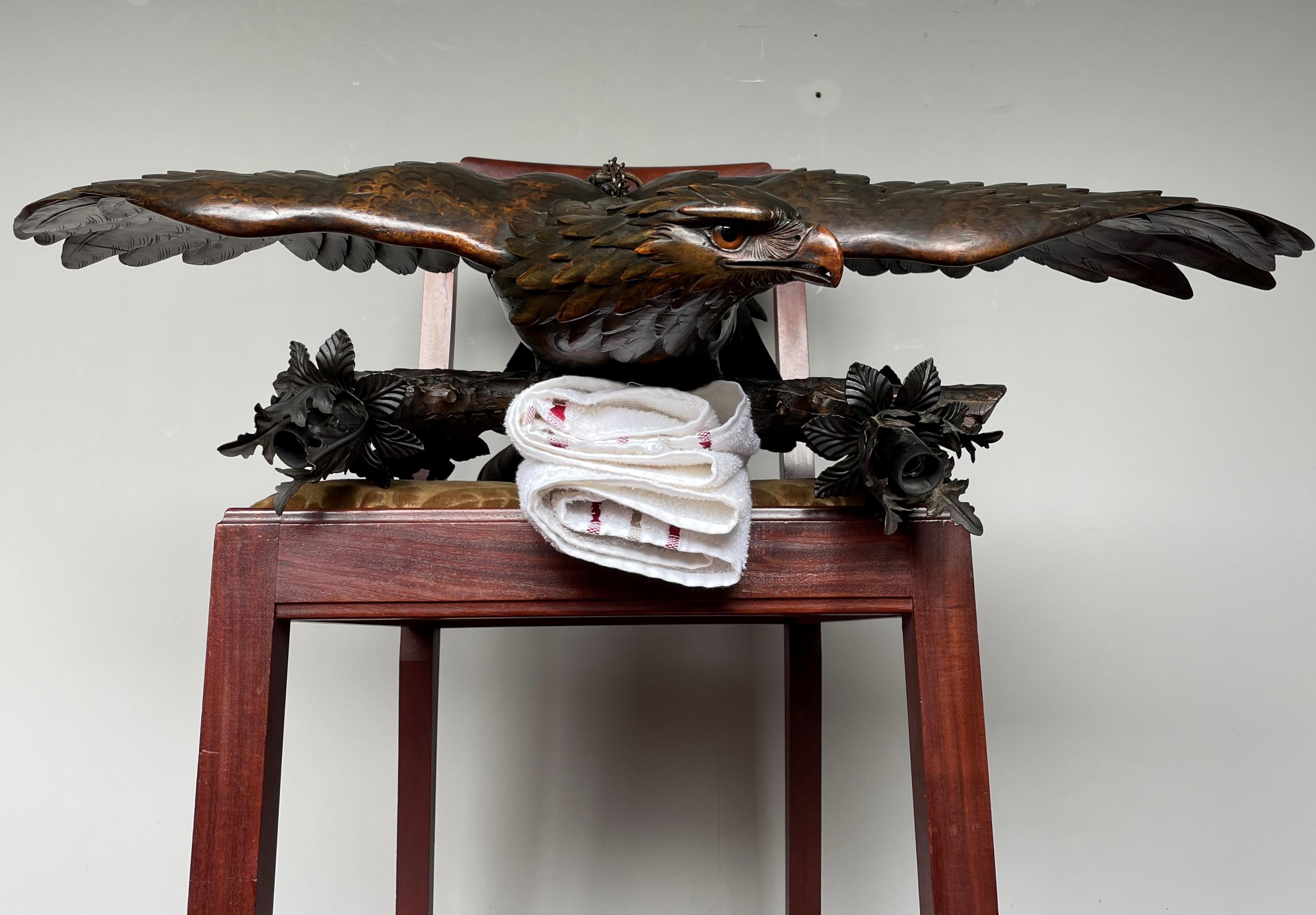 Antique, Rare and Large Hand Carved Black Forest Flying Eagle Pendant Chandelier For Sale 2