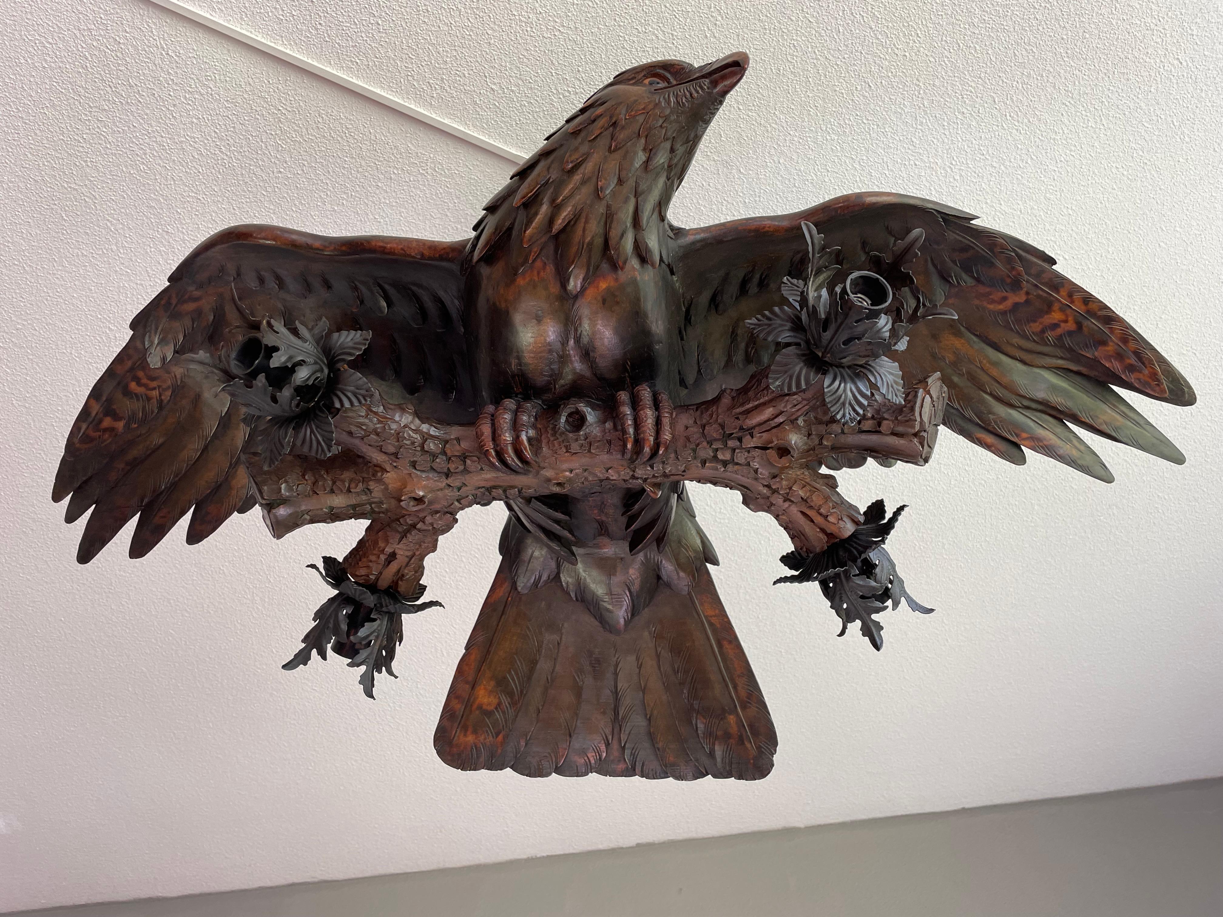 Antique, Rare and Large Hand Carved Black Forest Flying Eagle Pendant Chandelier For Sale 6