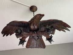 Antique, Rare and Large Hand Carved Black Forest Flying Eagle Pendant Chandelier