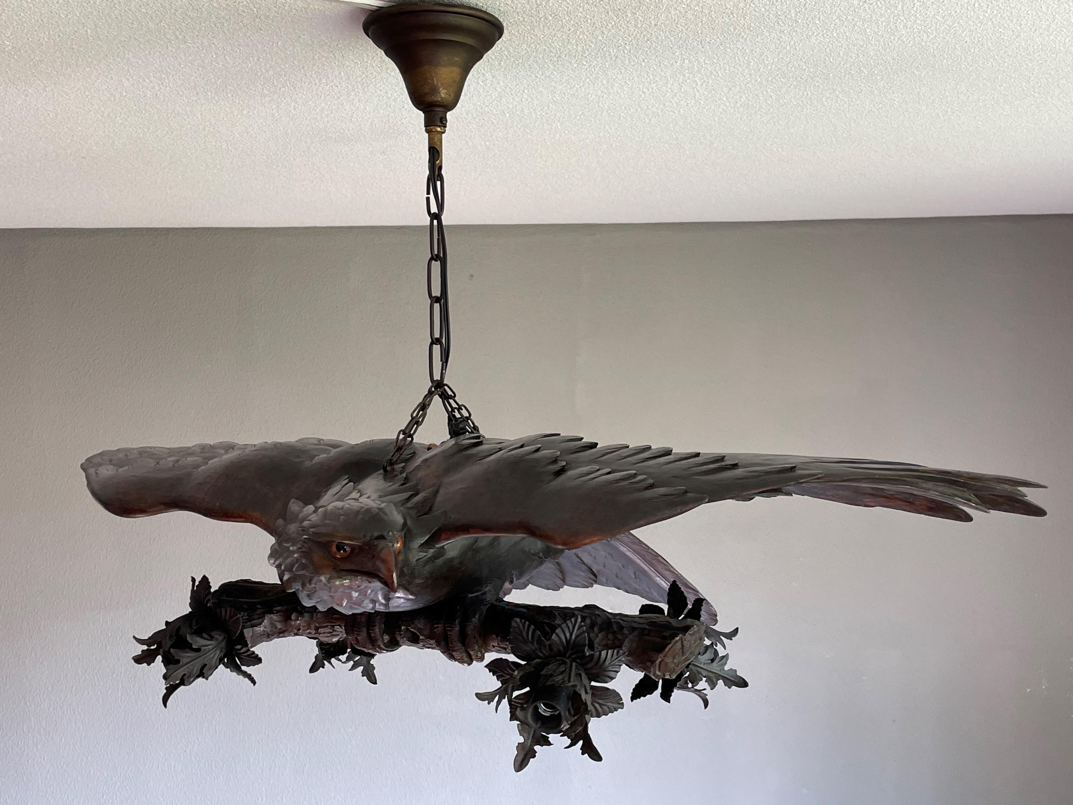 European Antique, Rare and Large Hand Carved Black Forest Flying Eagle Pendant Chandelier