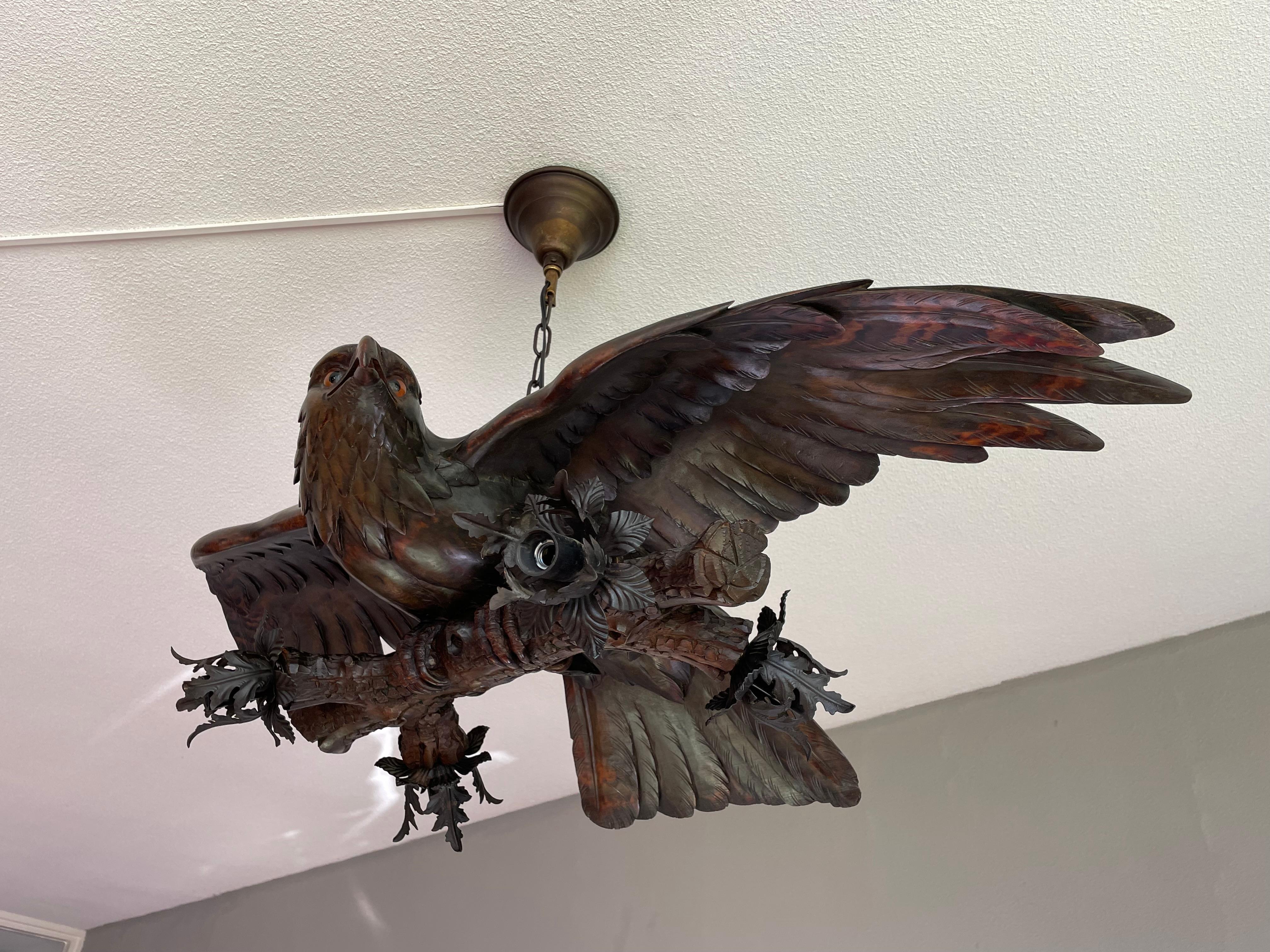 20th Century Antique, Rare and Large Hand Carved Black Forest Flying Eagle Pendant Chandelier