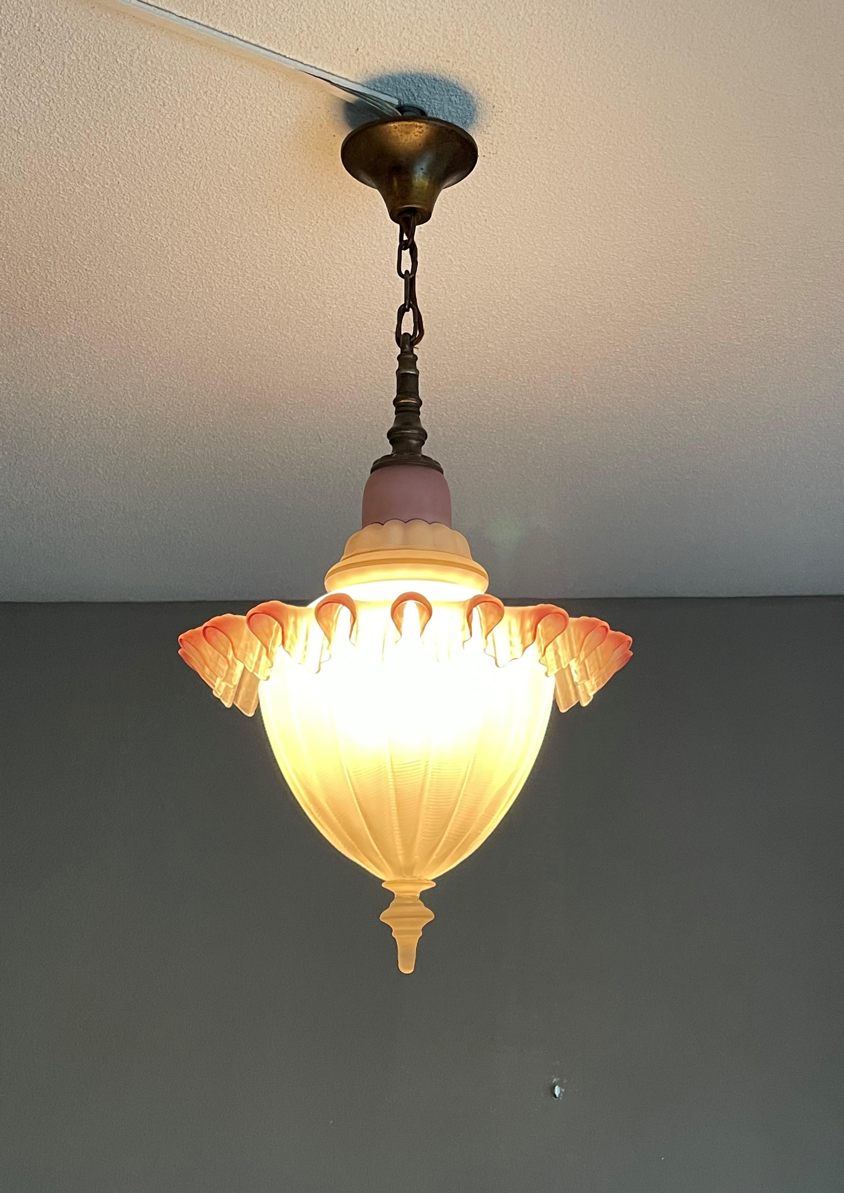 Antique & Rare Bronze, Brass and Colored Glass, Two Piece Pendant Light ca. 1910 For Sale 12