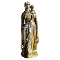 Antique Rare Bronze Joan of Arc Sculpture w. Child & Sword & Dragon By J. Dampt
