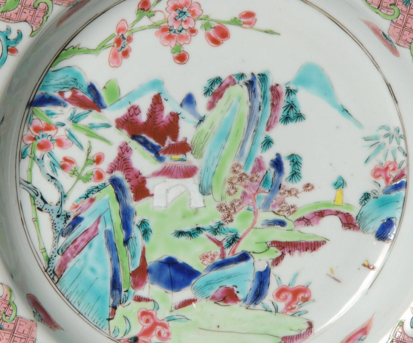 Antique Rare Chinese 18c Famille Rose Landscape Plate Yongzheng/Qianlong China In Good Condition For Sale In Amsterdam, Noord Holland