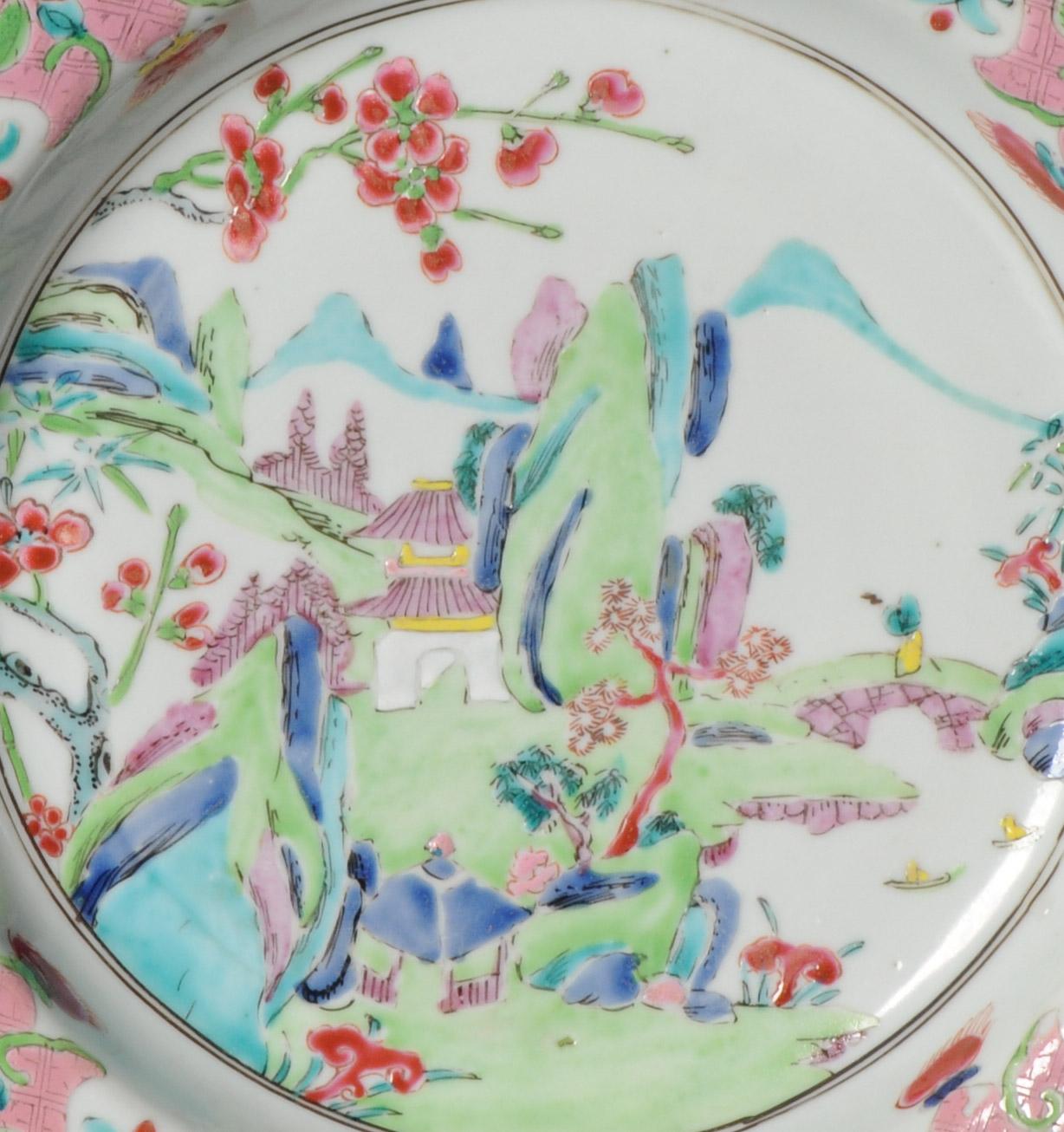 Antique Rare Chinese 18C Famille Rose Landscape Plate Yongzheng/Qianlong China In Fair Condition For Sale In Amsterdam, Noord Holland
