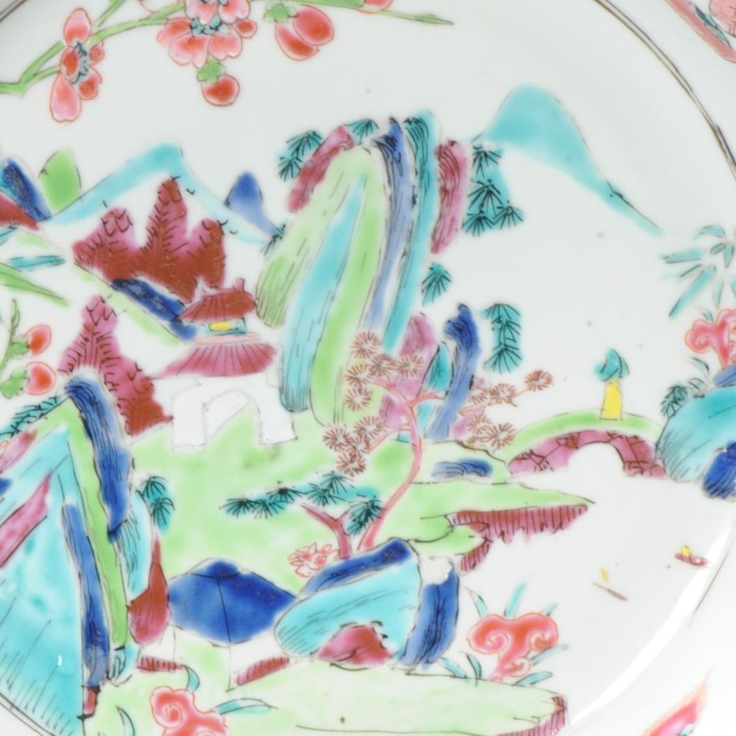 XVIIIe siècle et antérieur Ancienne et rare assiette de paysage chinoise Famille Rose 18c Yongzheng/Qianlong China en vente