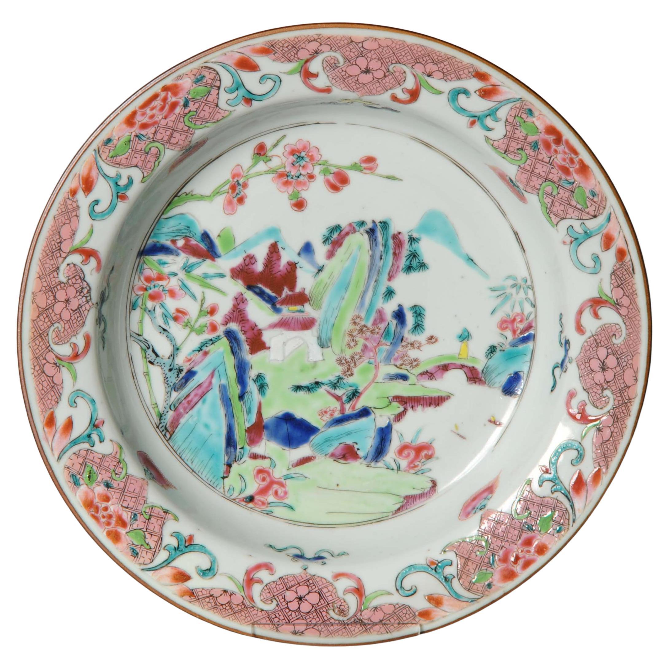 Antique Rare Chinese 18c Famille Rose Landscape Plate Yongzheng/Qianlong China For Sale