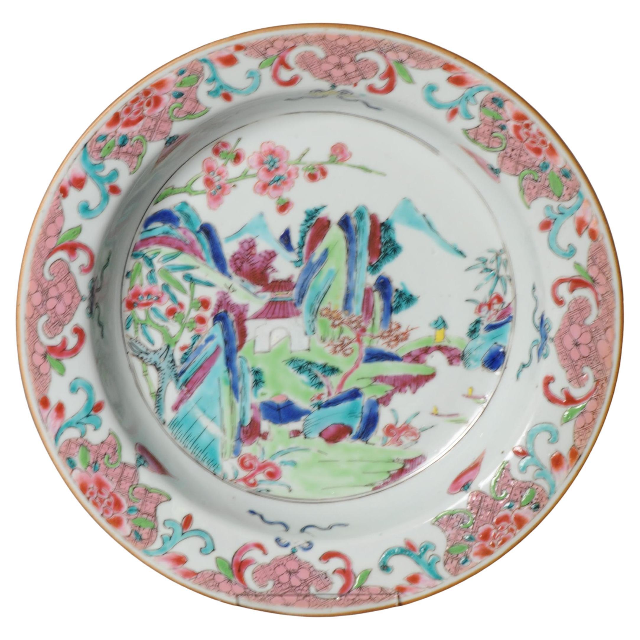 Ancienne et rare assiette de paysage chinoise Famille Rose 18C Yongzheng/Qianlong China