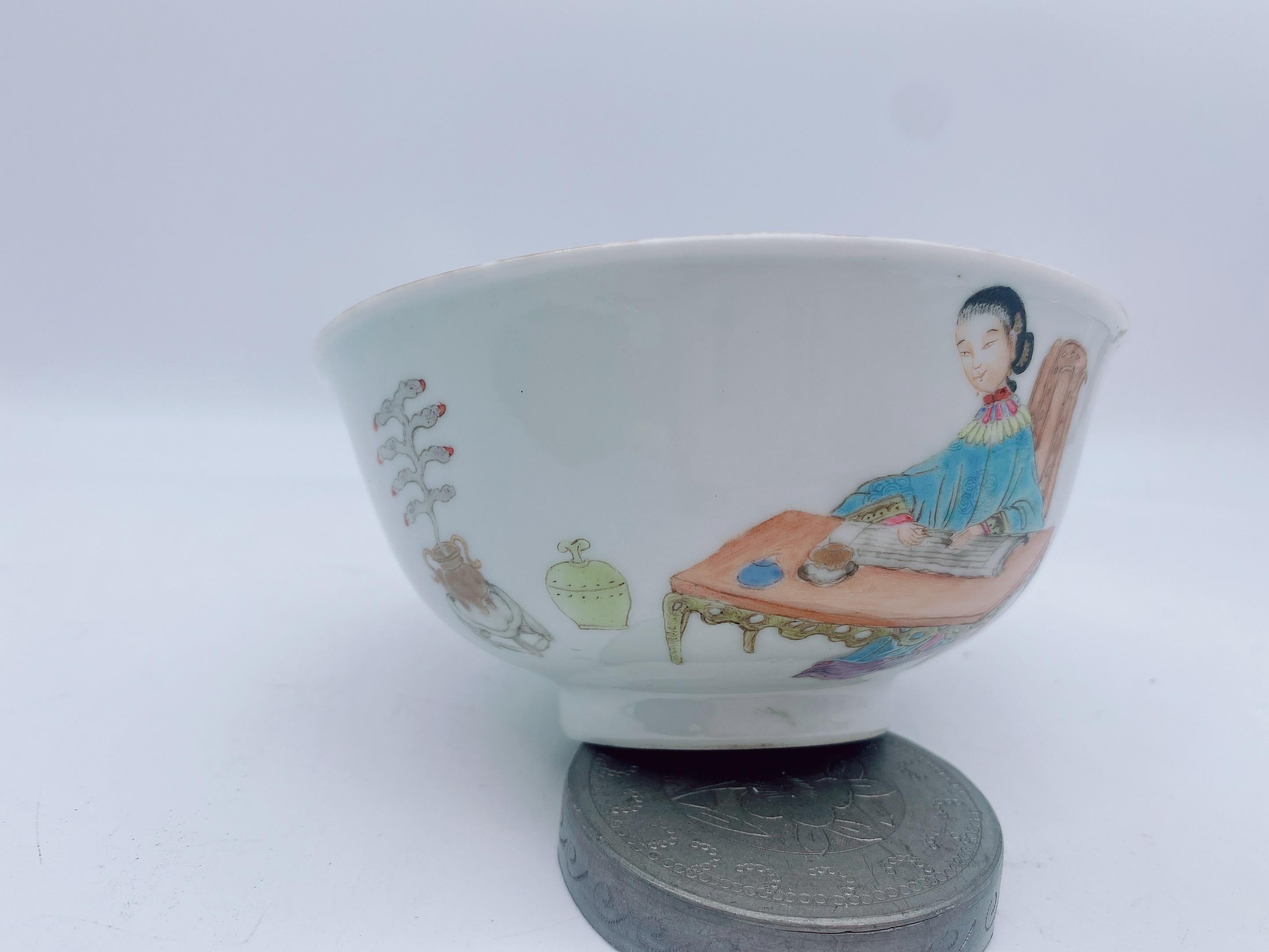 Antique Rare Chinese Enameled Famille Rose Porcelain Bowl For Sale 4
