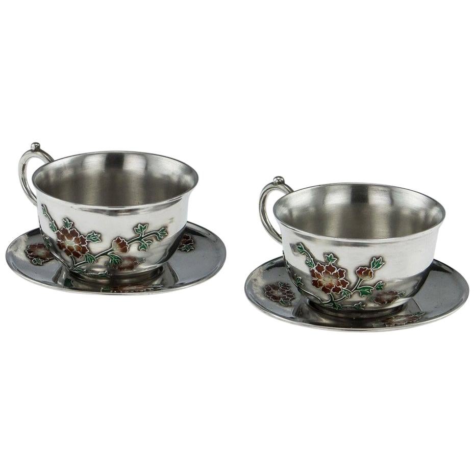 Antique Rare Chinese Export Solid Silver and Enamel Tea Cups, circa 1880