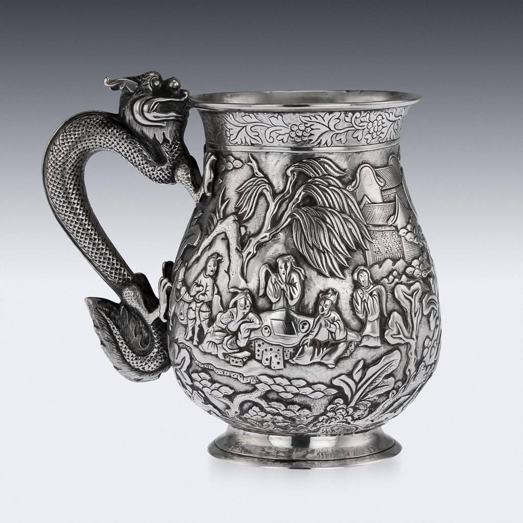 Antique Rare Chinese Export Solid Silver Battle Scene Mug, circa 1870 In Excellent Condition In Royal Tunbridge Wells, Kent