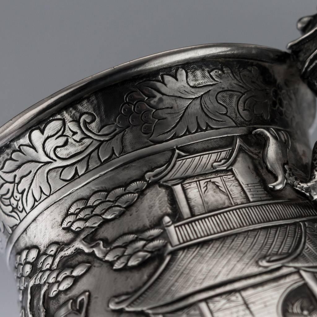 Antique Rare Chinese Export Solid Silver Battle Scene Mug, circa 1870 5