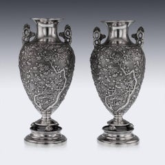 Antique Rare Chinese Export Solid Silver Pair of Vases, Wing Cheong, circa 1880