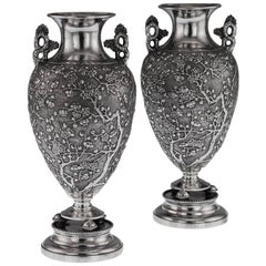 Antique Rare Chinese Export Solid Silver Pair of Vases, Wing Cheong, circa 1880
