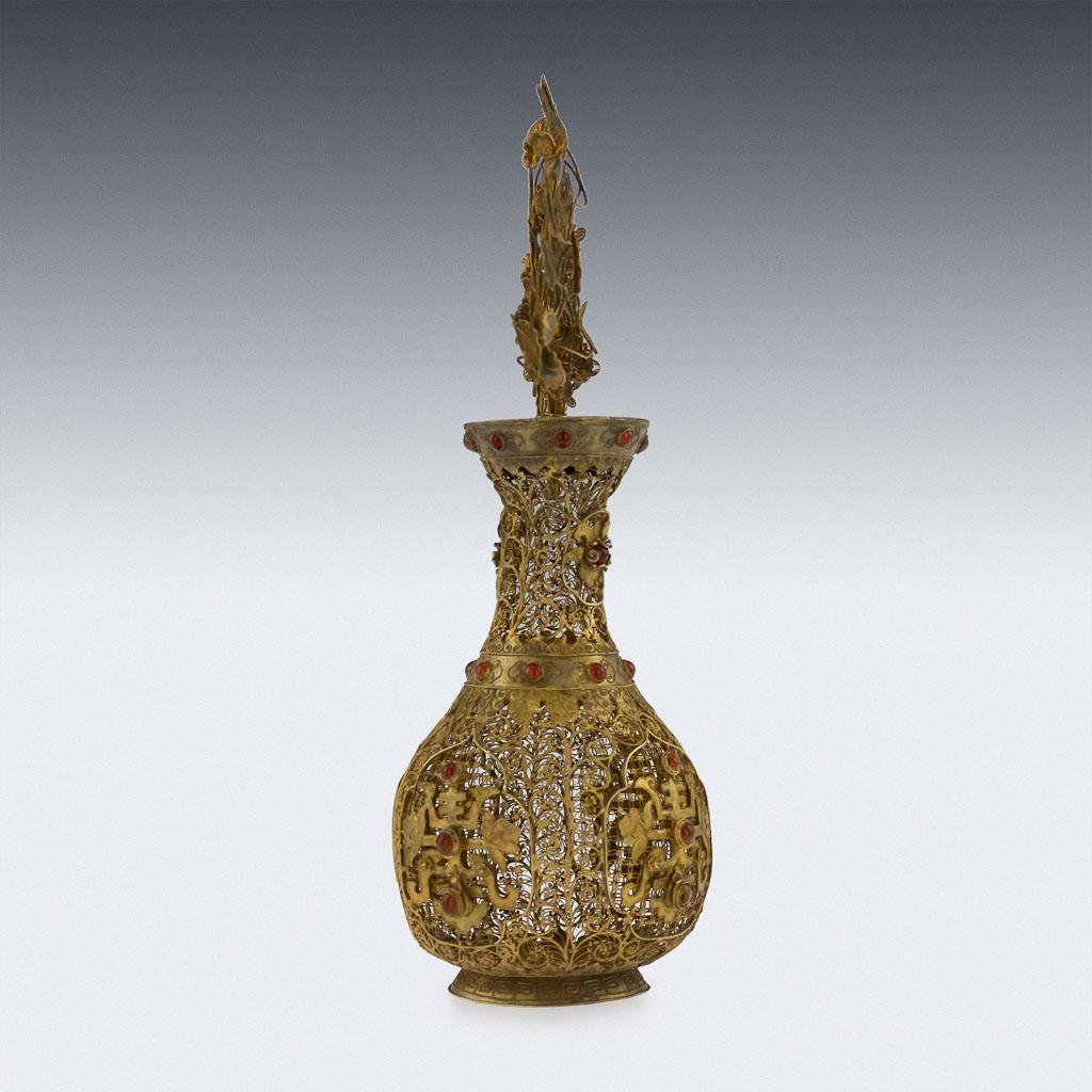 Antique mid-18th century extremely rare Chinese silver gilt filigree and gem set, pear shaped vase. The delicate filigree vase decorated throughout in a typical Chinese manor and the four sides applies with Chinese shou characters, the neck and body