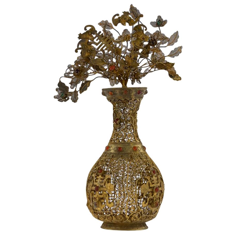 Antique Rare Chinese Silver Gilt Filigree and Gem Set Vase, circa 1760
