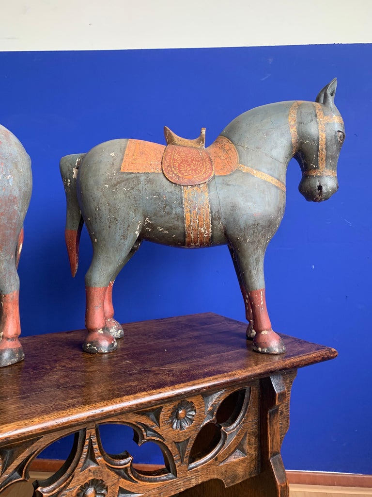 Antique, Rare and Decorative Pair of Hand Carved and Hand Painted Horse Sculptures For Sale at