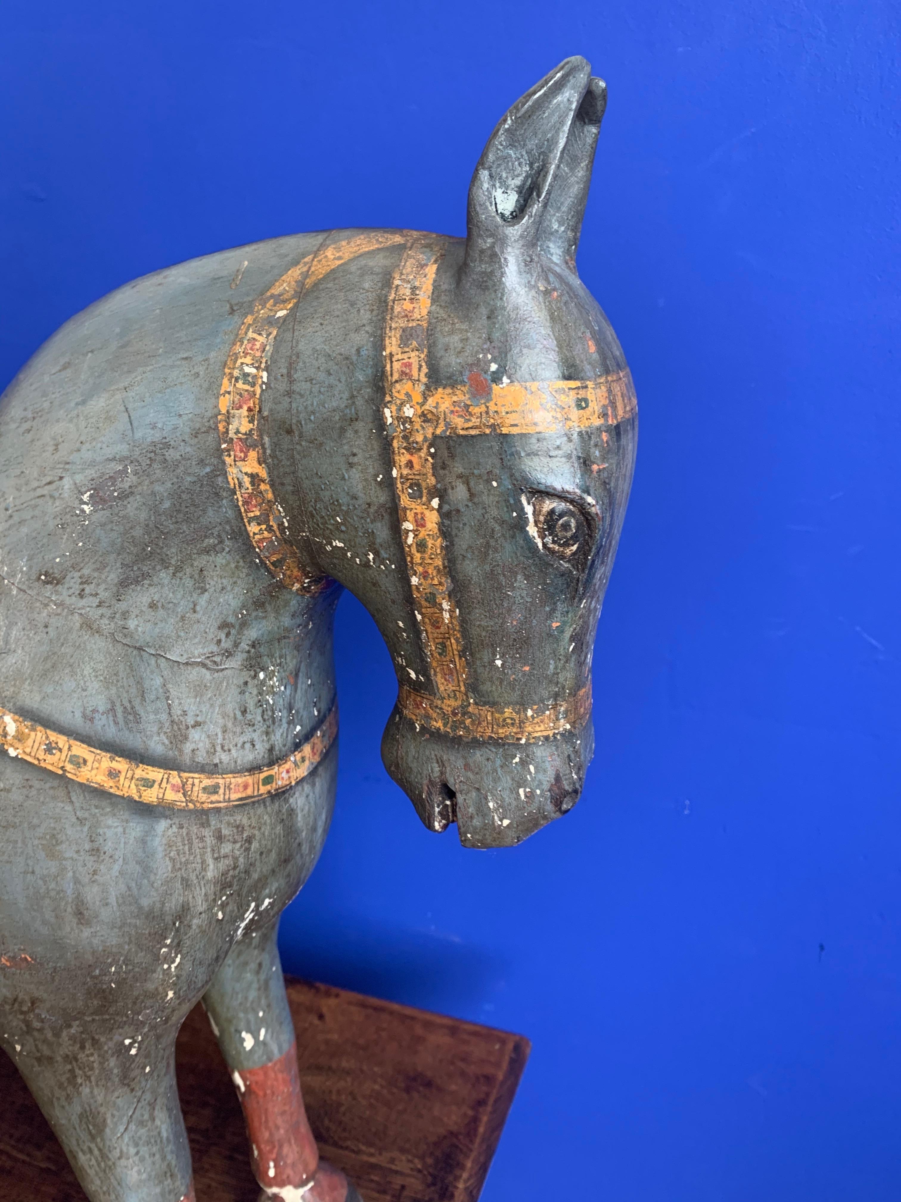 Wood Antique, Rare & Decorative Pair of Hand Carved and Hand Painted Horse Sculptures For Sale