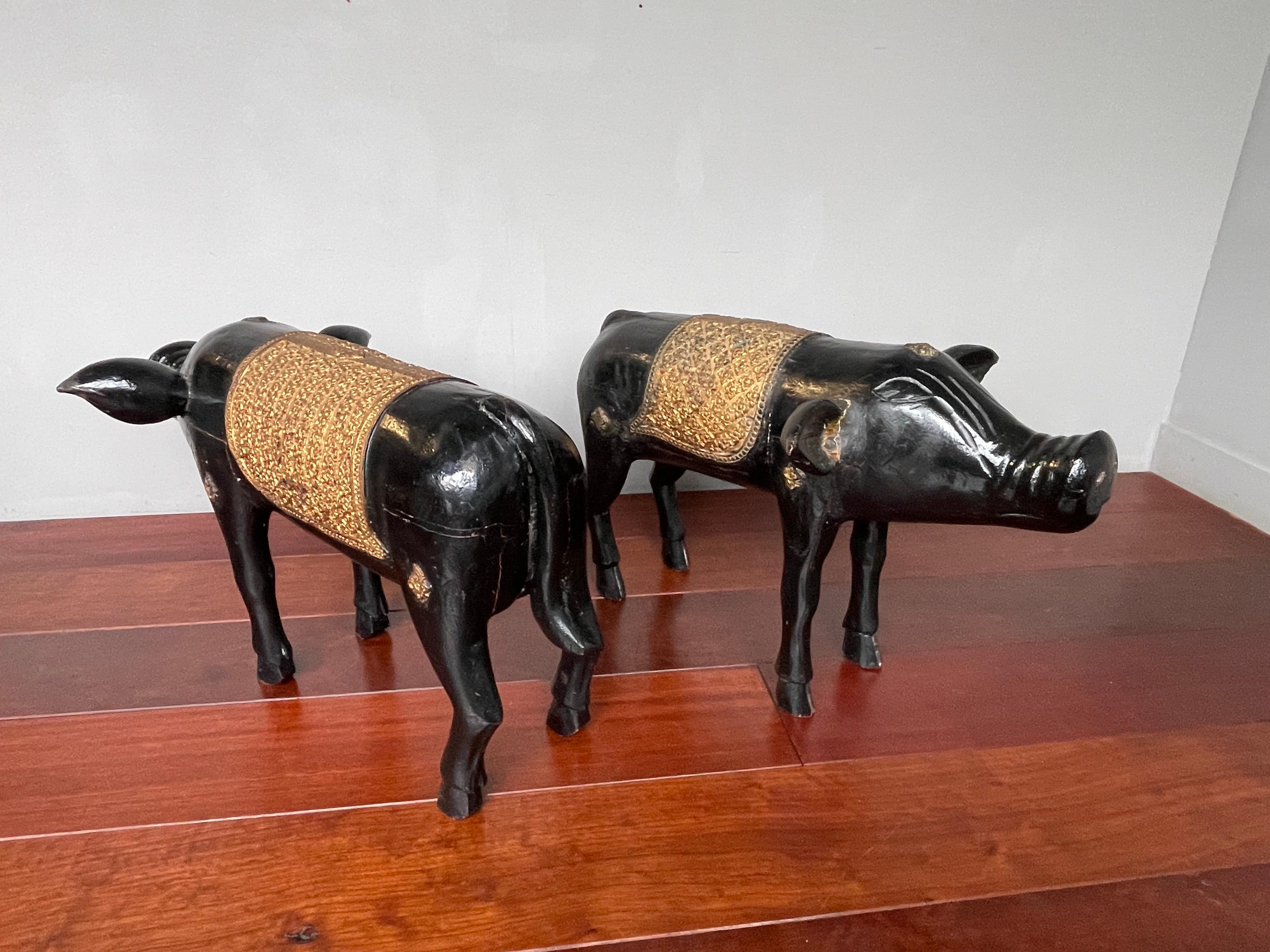 Antique, Rare & Decorative Pair of Hand Carved and Hand Painted Pig Sculptures 4