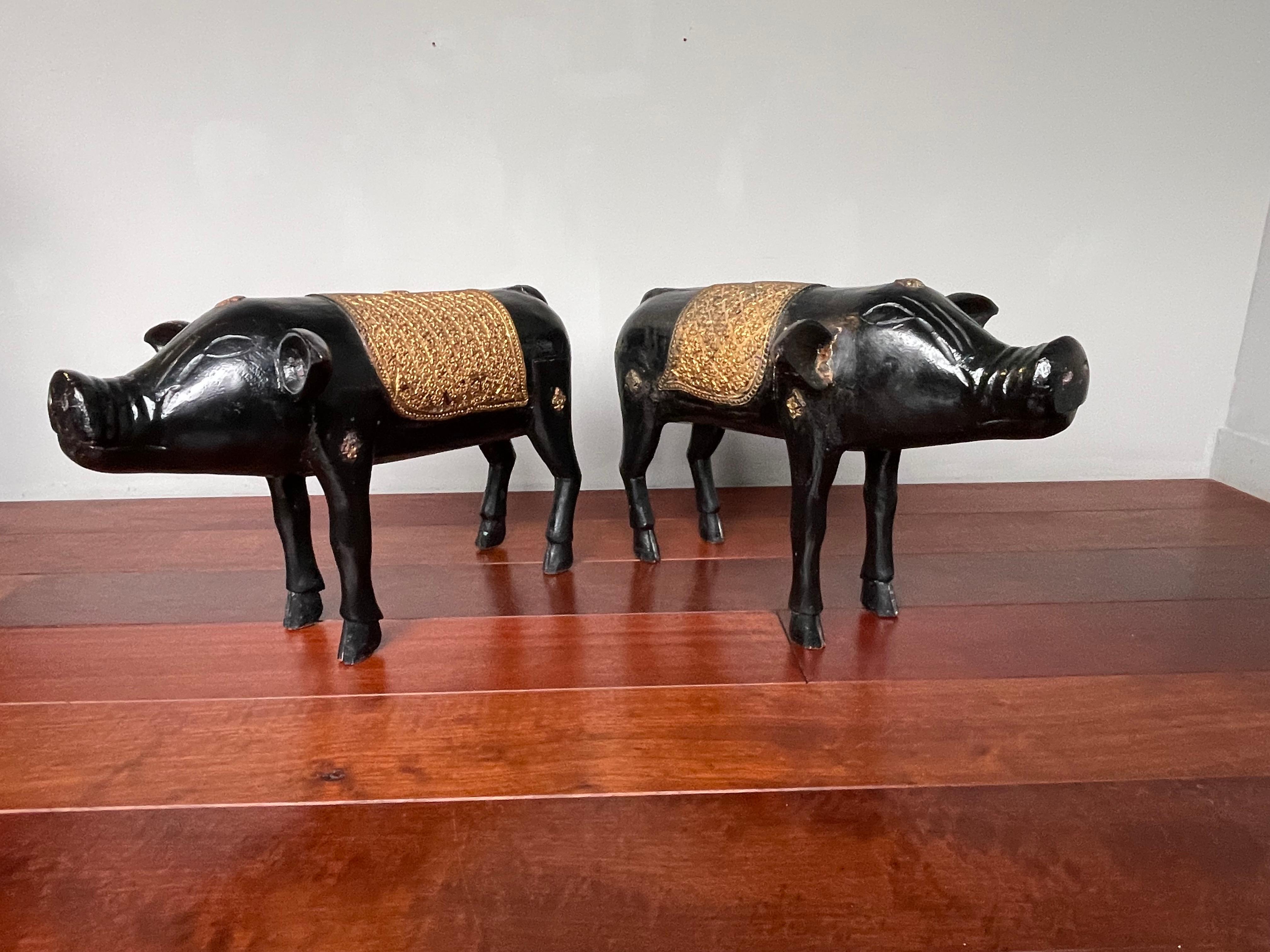 Antique, Rare & Decorative Pair of Hand Carved and Hand Painted Pig Sculptures 6
