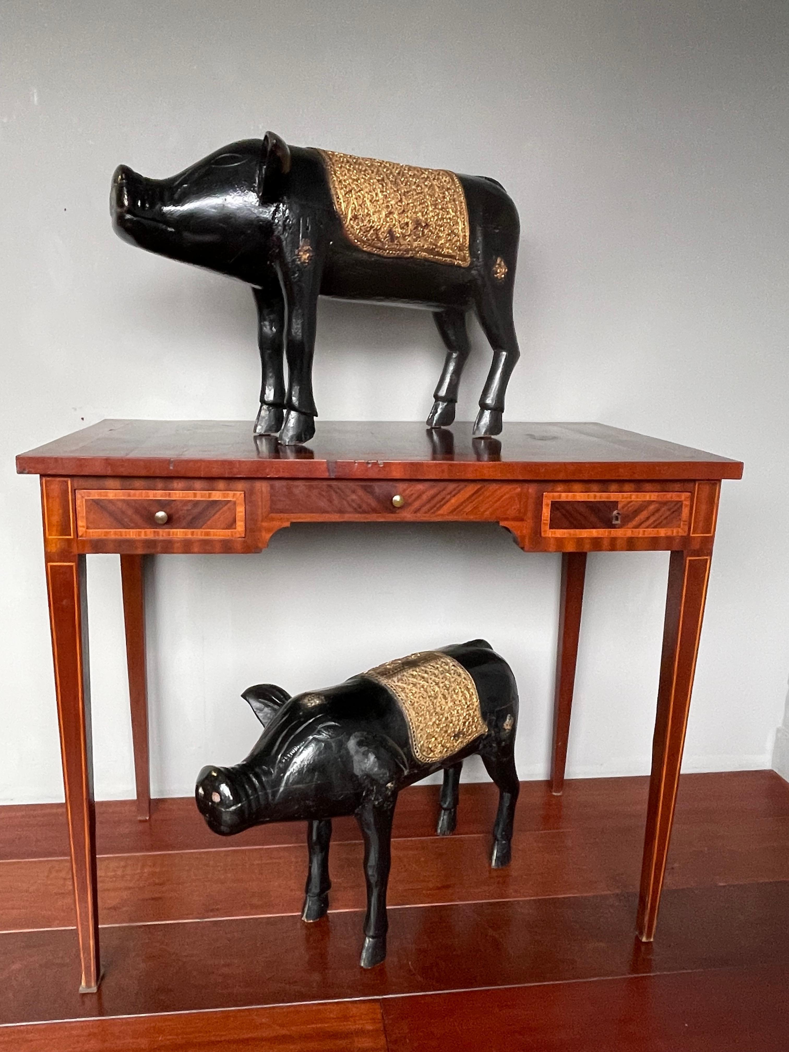 Anglo-Indian Antique, Rare & Decorative Pair of Hand Carved and Hand Painted Pig Sculptures